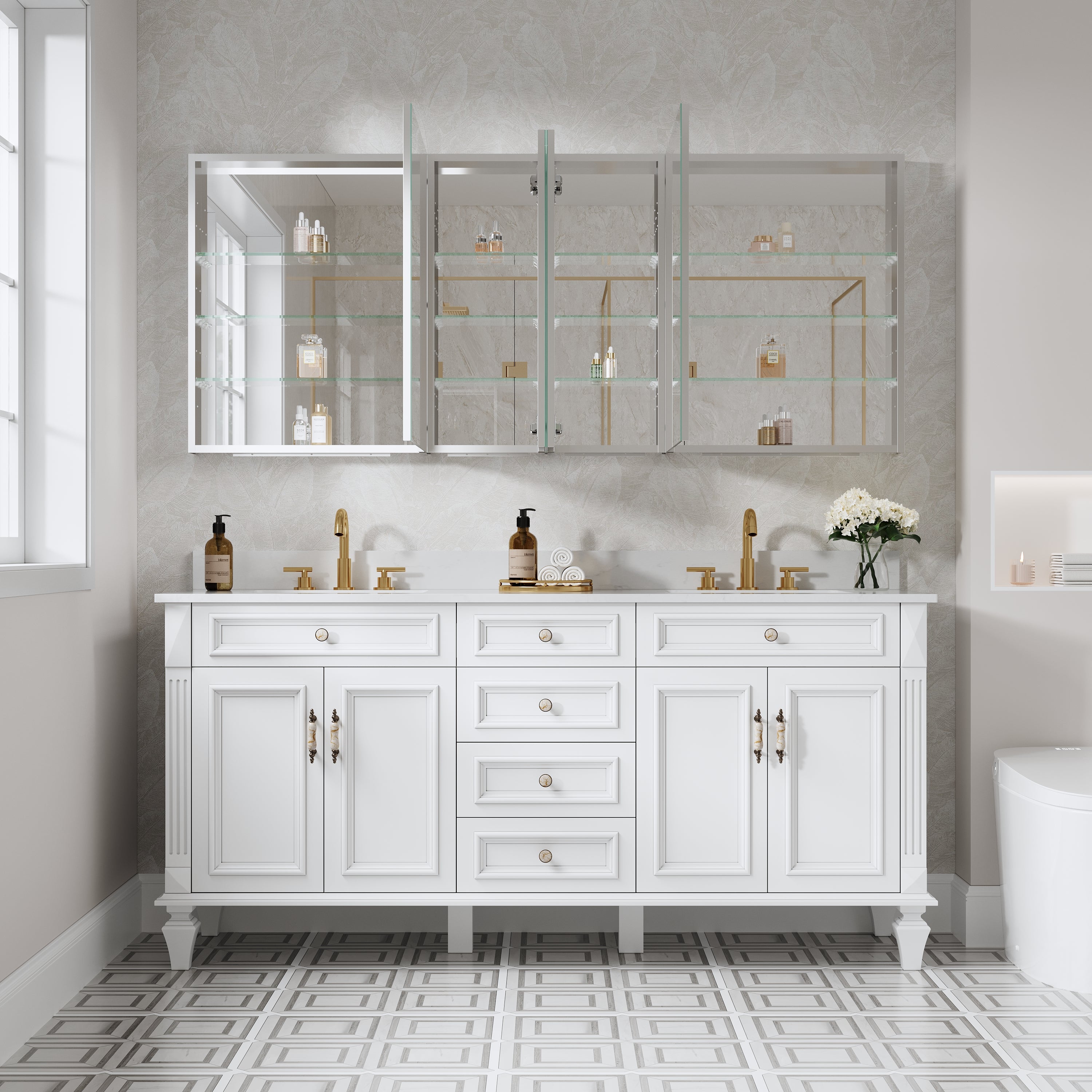 72 in. ×30 in. Copper-Free Tri-Views Mirror Medicine Cabinet with Adjustable Shelves and 4 Swing Doors