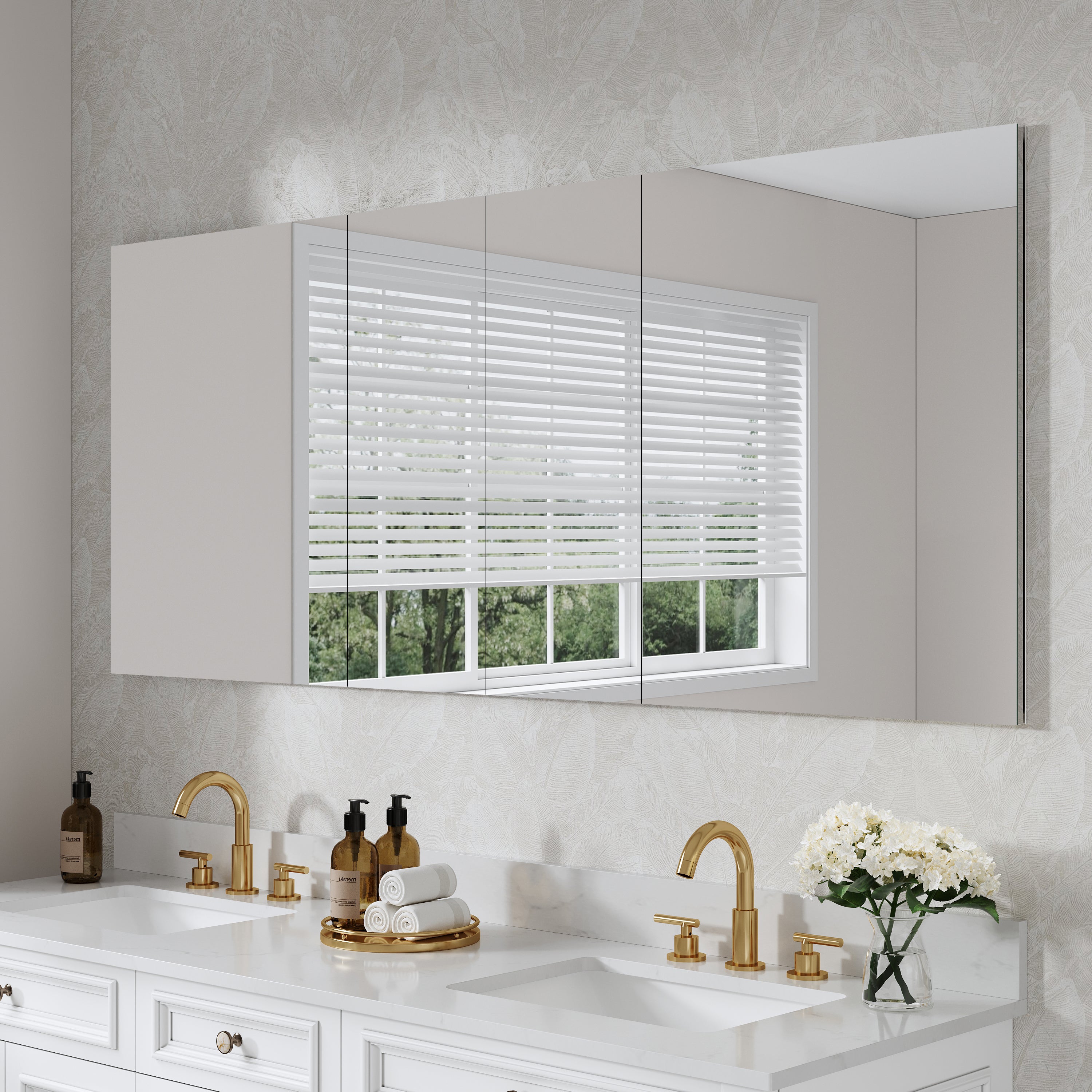 72 in. ×30 in. Copper-Free Tri-Views Mirror Medicine Cabinet with Adjustable Shelves and 4 Swing Doors