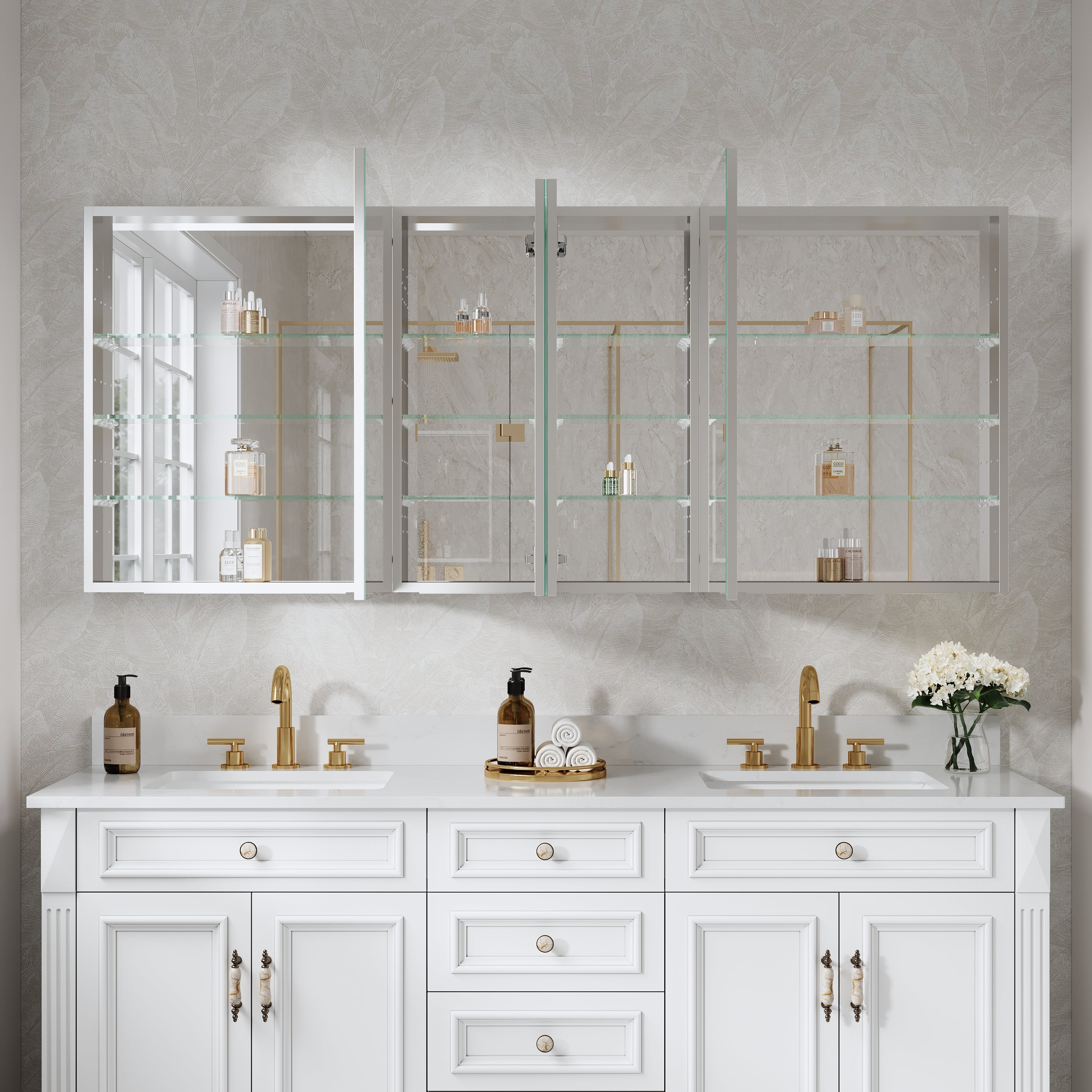 72 in. ×30 in. Copper-Free Tri-Views Mirror Medicine Cabinet with Adjustable Shelves and 4 Swing Doors