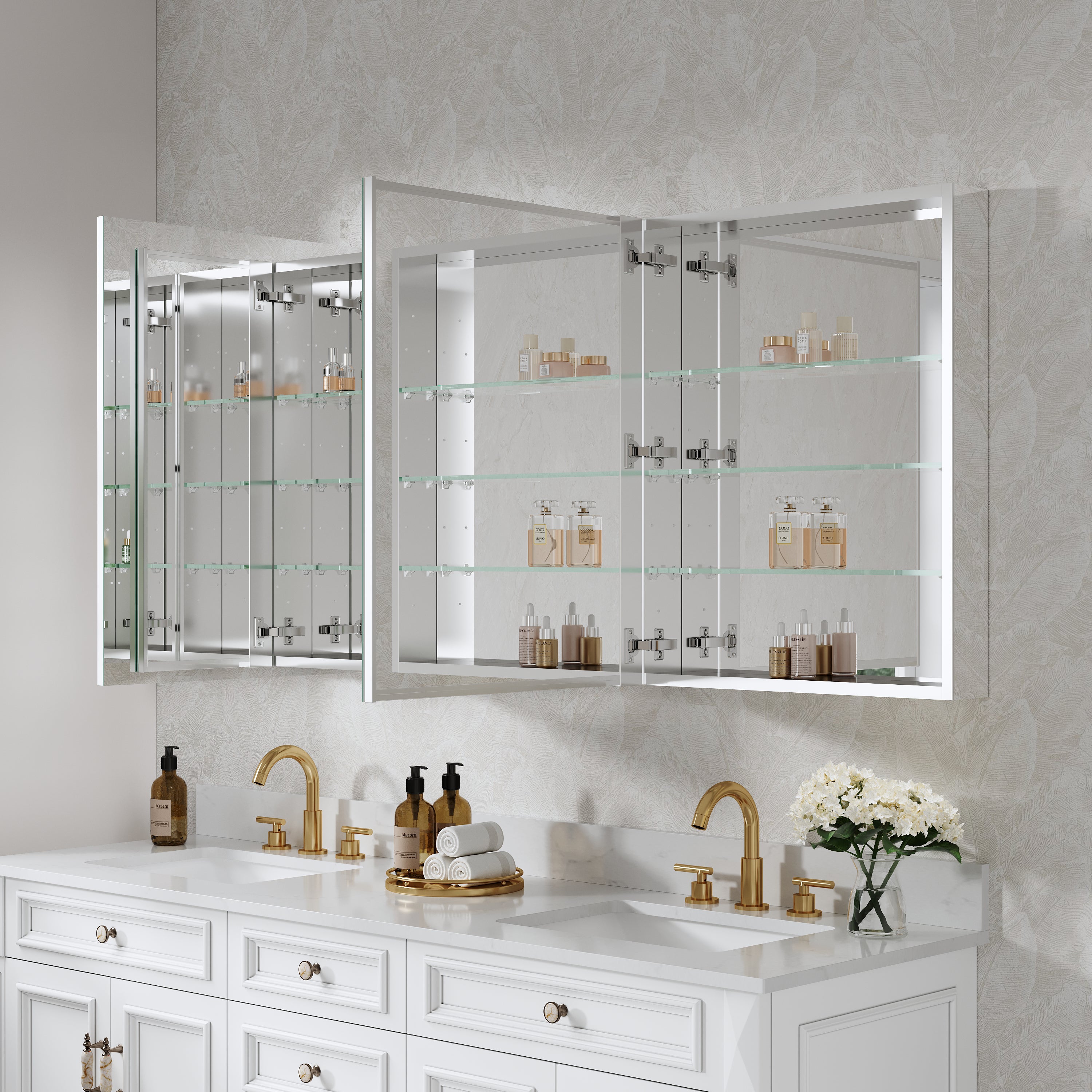 72 in. ×30 in. Copper-Free Tri-Views Mirror Medicine Cabinet with Adjustable Shelves and 4 Swing Doors