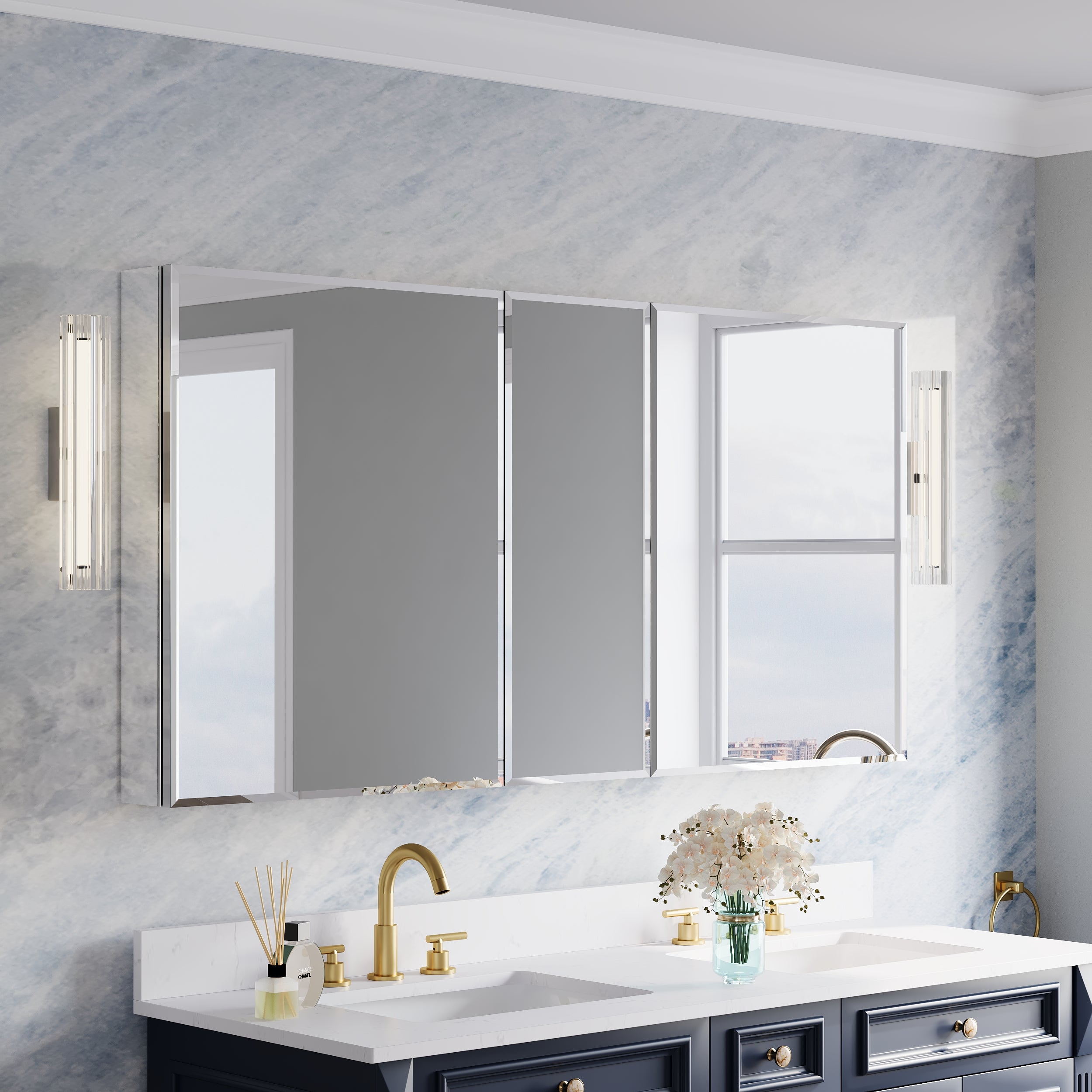 60 in.×30 in.H Aluminum Copper-Free Mirror Medicine Cabinet with Beveled Mirror Door, Recessed or Surface Mount, Adjustable Shelves