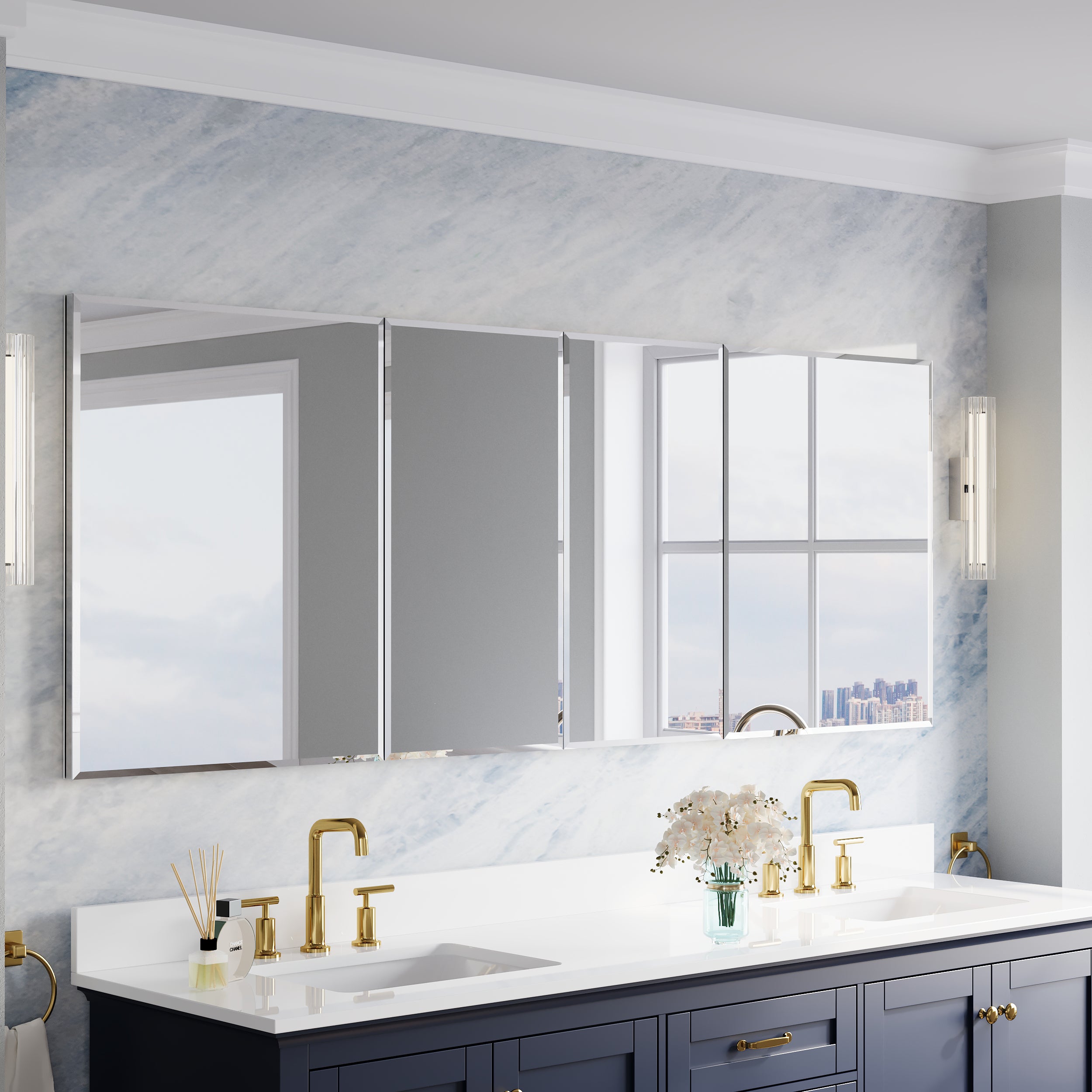 80 in.×30 in.H Copper-Free Mirror Medicine Cabinet with Beveled Mirror Door, Soft-Close Blum® Hinges, 12 Adjustable Shelves