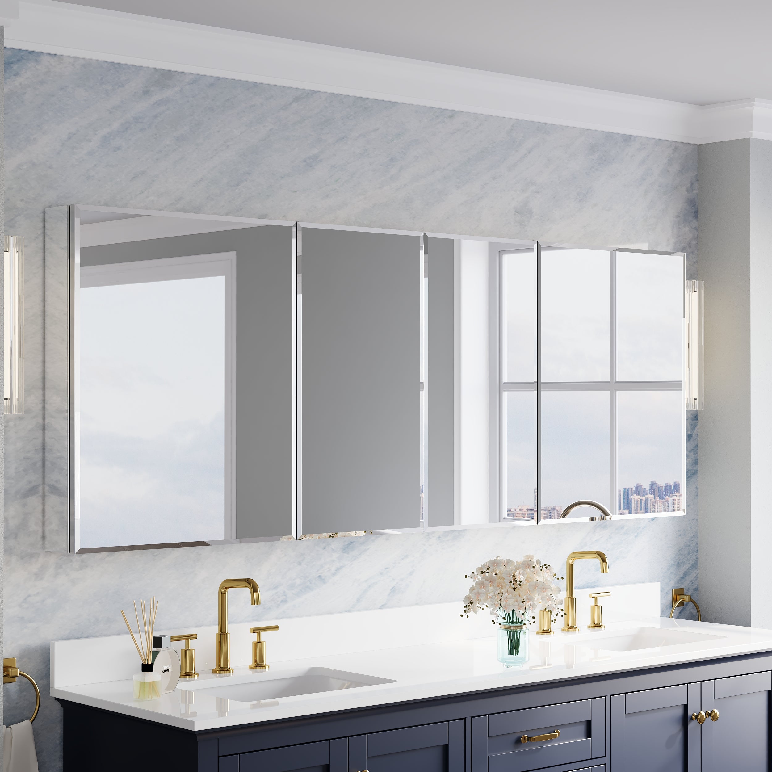 80 in.×30 in.H Copper-Free Mirror Medicine Cabinet with Beveled Mirror Door, Soft-Close Blum® Hinges, 12 Adjustable Shelves