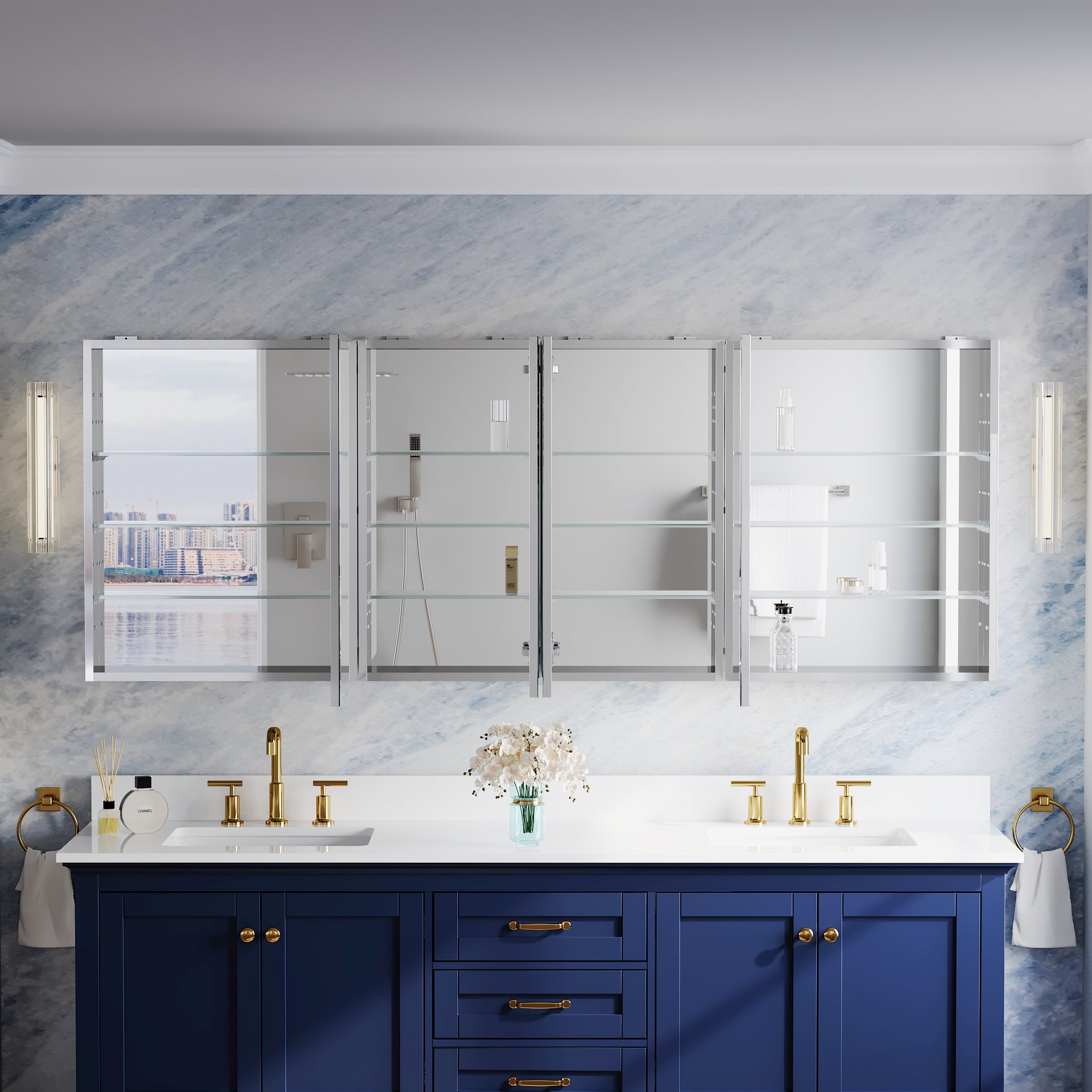 80 in.×30 in.H Copper-Free Mirror Medicine Cabinet with Beveled Mirror Door, Soft-Close Blum® Hinges, 12 Adjustable Shelves