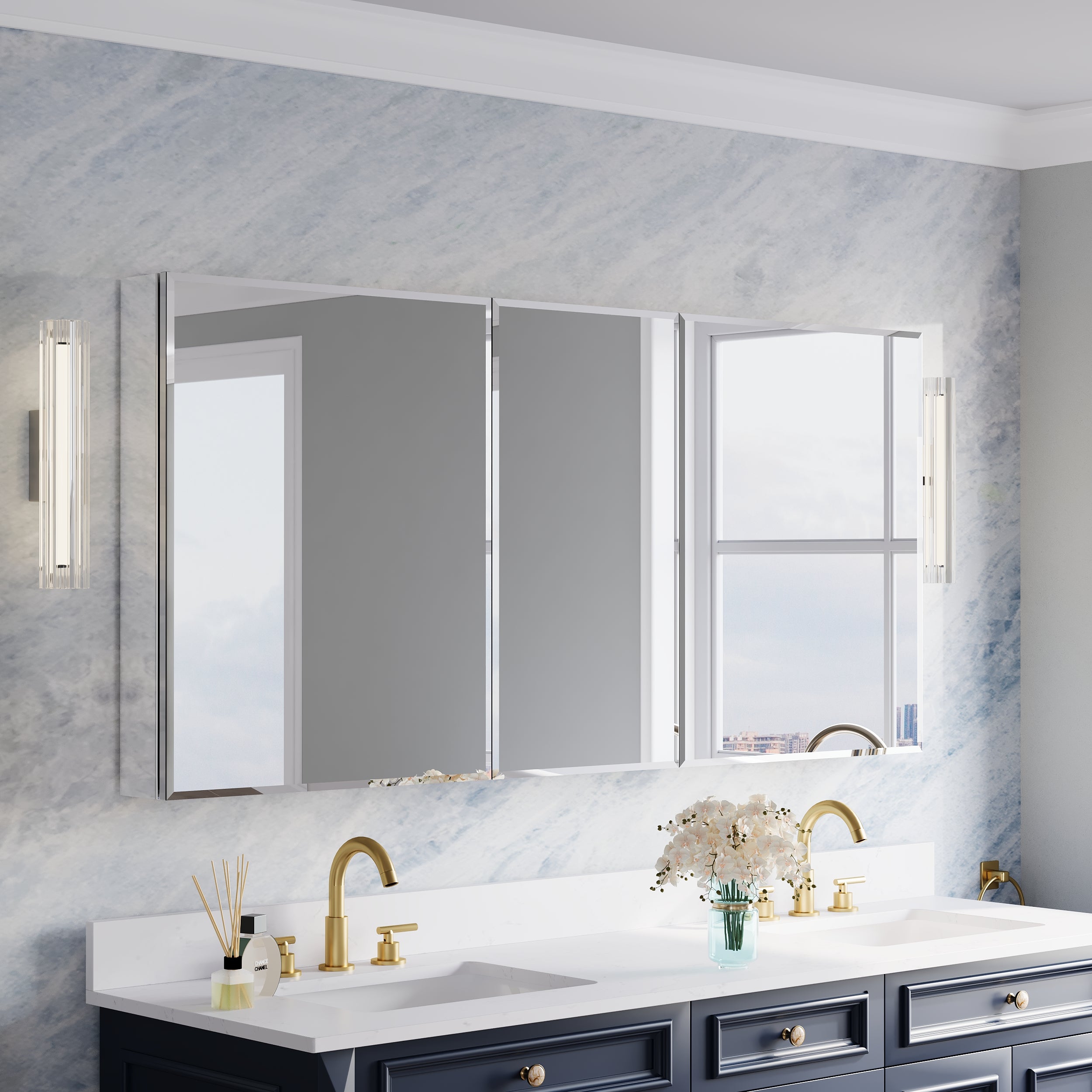 64 in.×30 in.H Copper-Free Mirror Medicine Cabinet with Beveled Mirror Door, Soft-Close Blum® Hinges, 9 Adjustable Shelves