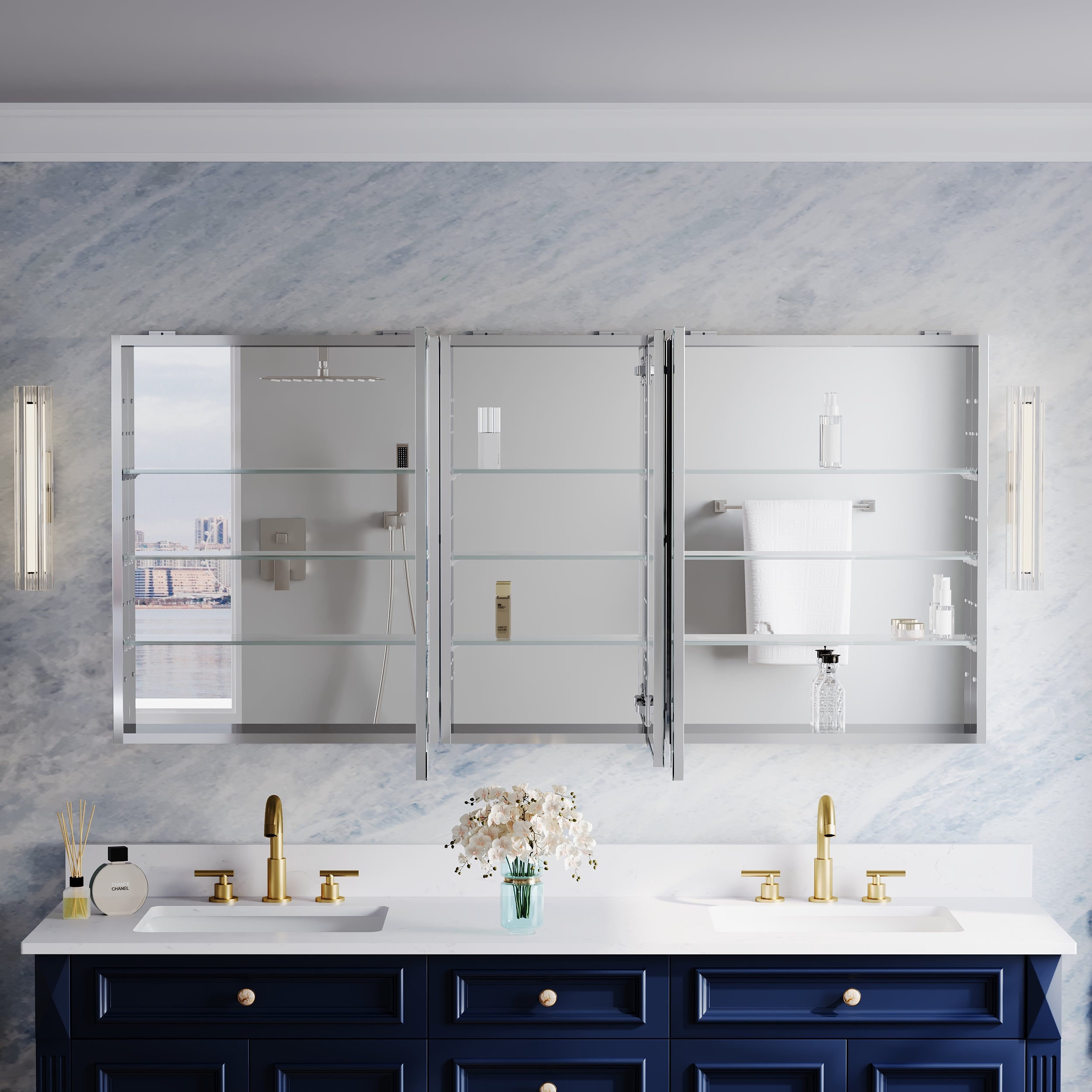 64 in.×30 in.H Copper-Free Mirror Medicine Cabinet with Beveled Mirror Door, Soft-Close Blum® Hinges, 9 Adjustable Shelves