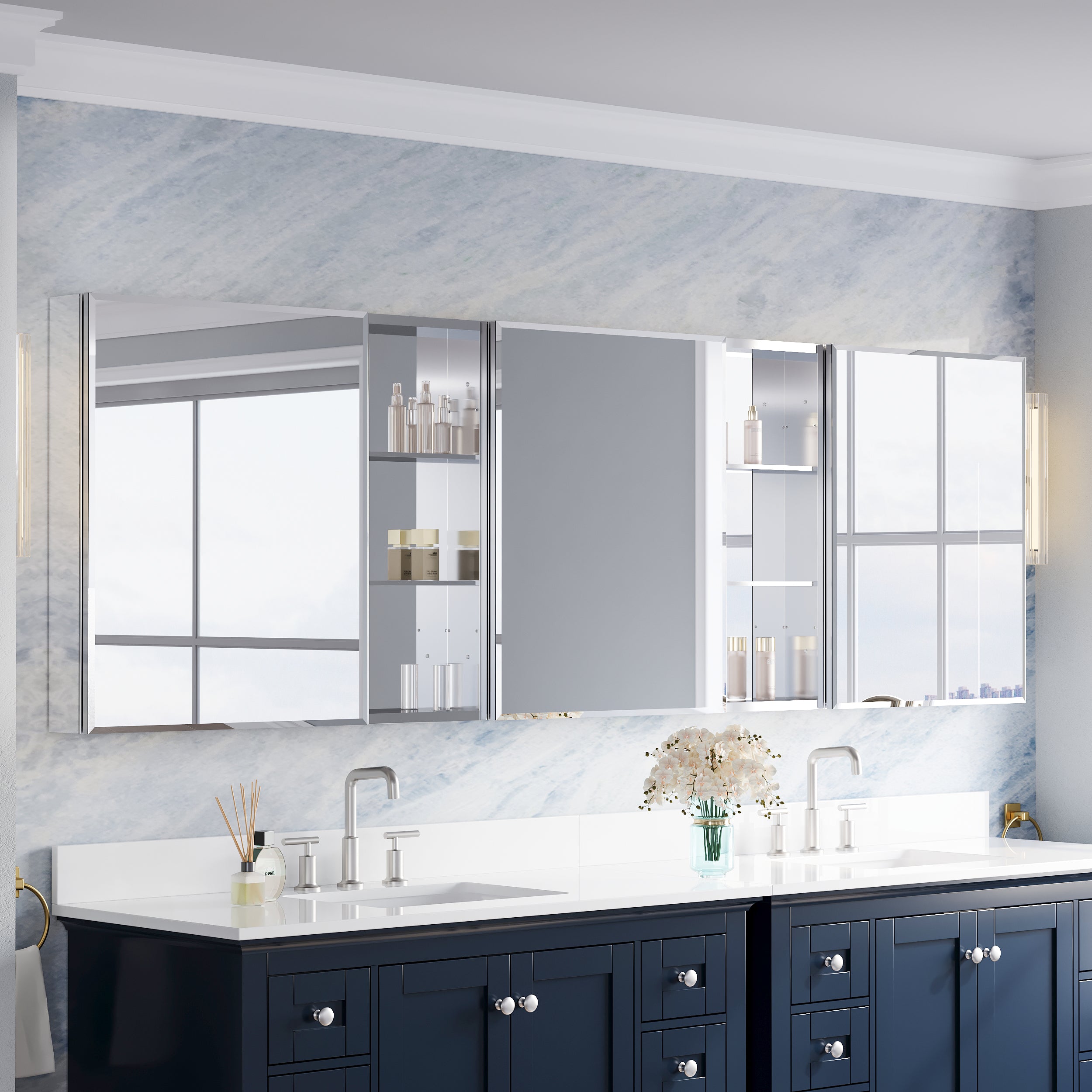 96 in.×30 in.H Aluminum Copper-Free Mirror Medicine Cabinet with Beveled Mirror Door and Open Shelf Storage Set