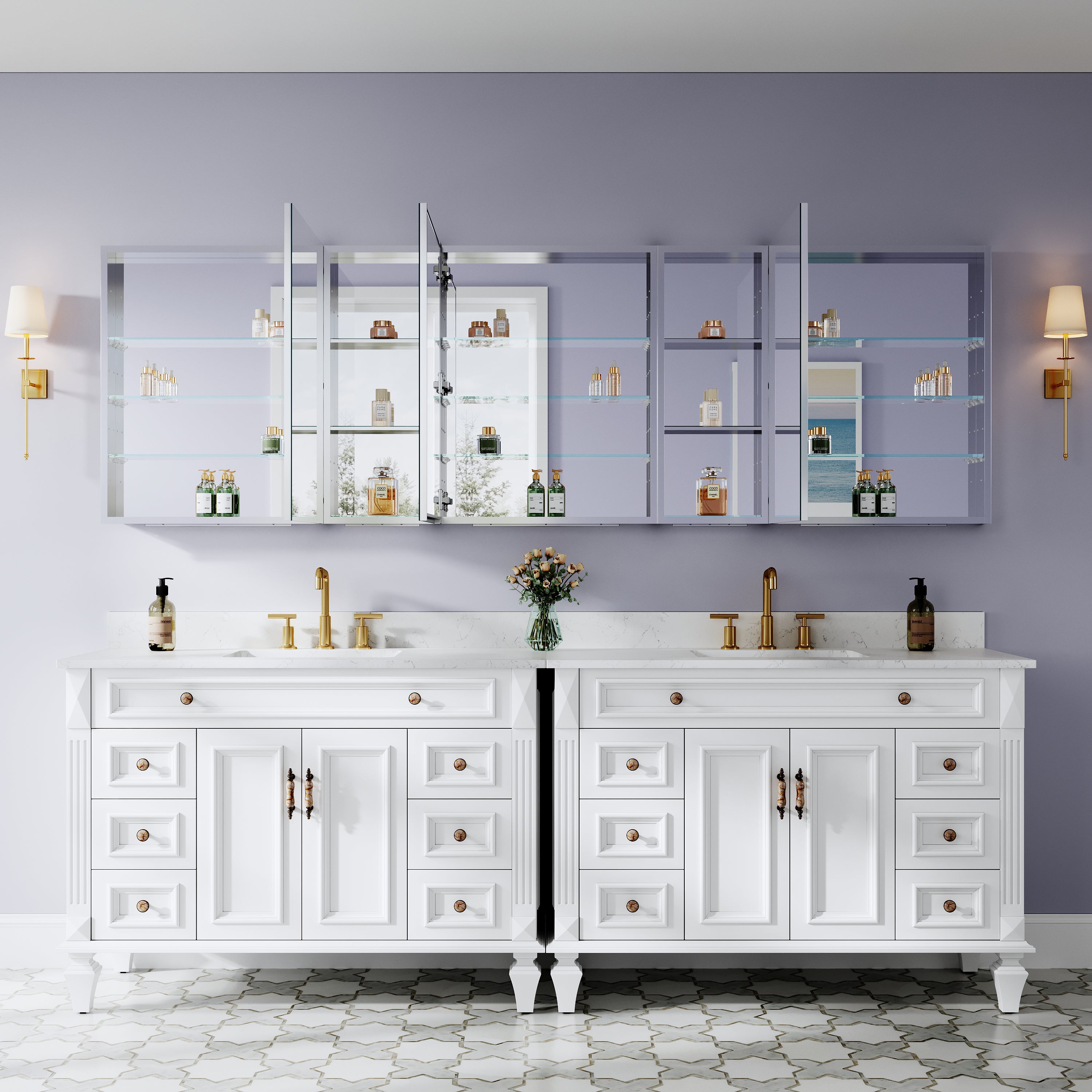 96 in. ×30 in. Bathroom Medicine Cabinet Set with Copper-Free Tri-View Mirror and Open Side Cabinet, Recessed or Surface Mount