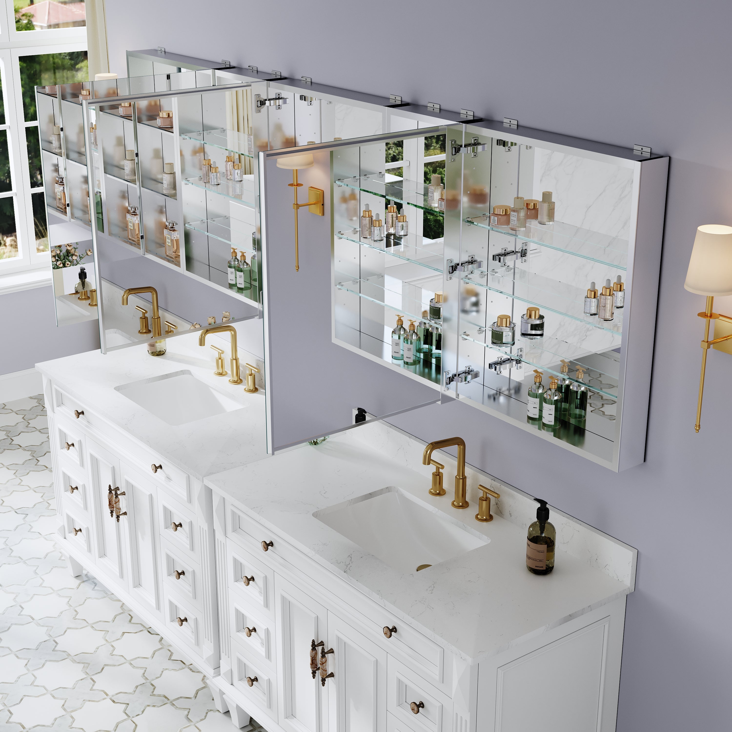 96 in. ×30 in. Bathroom Medicine Cabinet Set with Copper-Free Tri-View Mirror and Open Side Cabinet, Recessed or Surface Mount