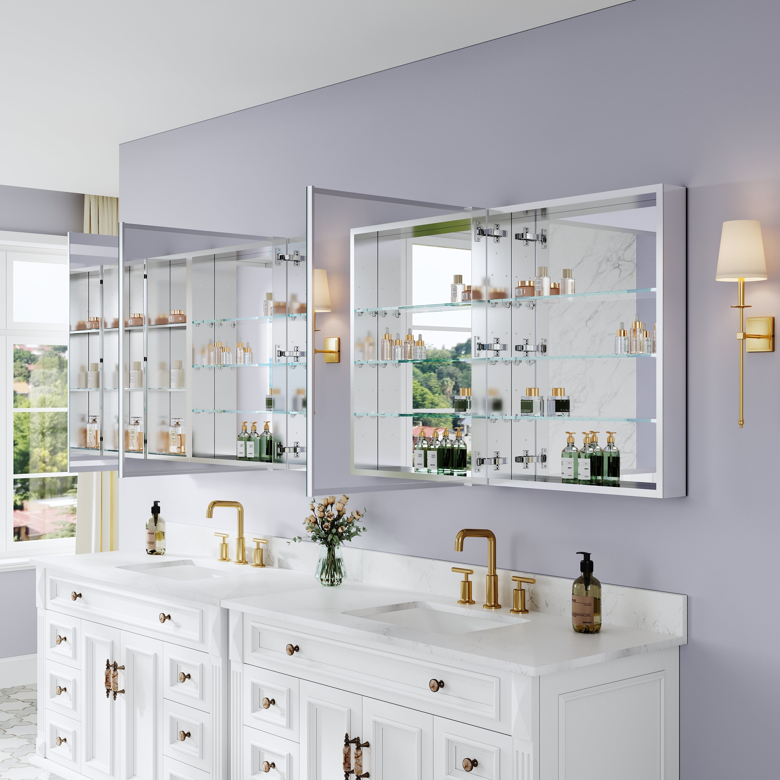 96 in. ×30 in. Bathroom Medicine Cabinet Set with Copper-Free Tri-View Mirror and Open Side Cabinet, Recessed or Surface Mount