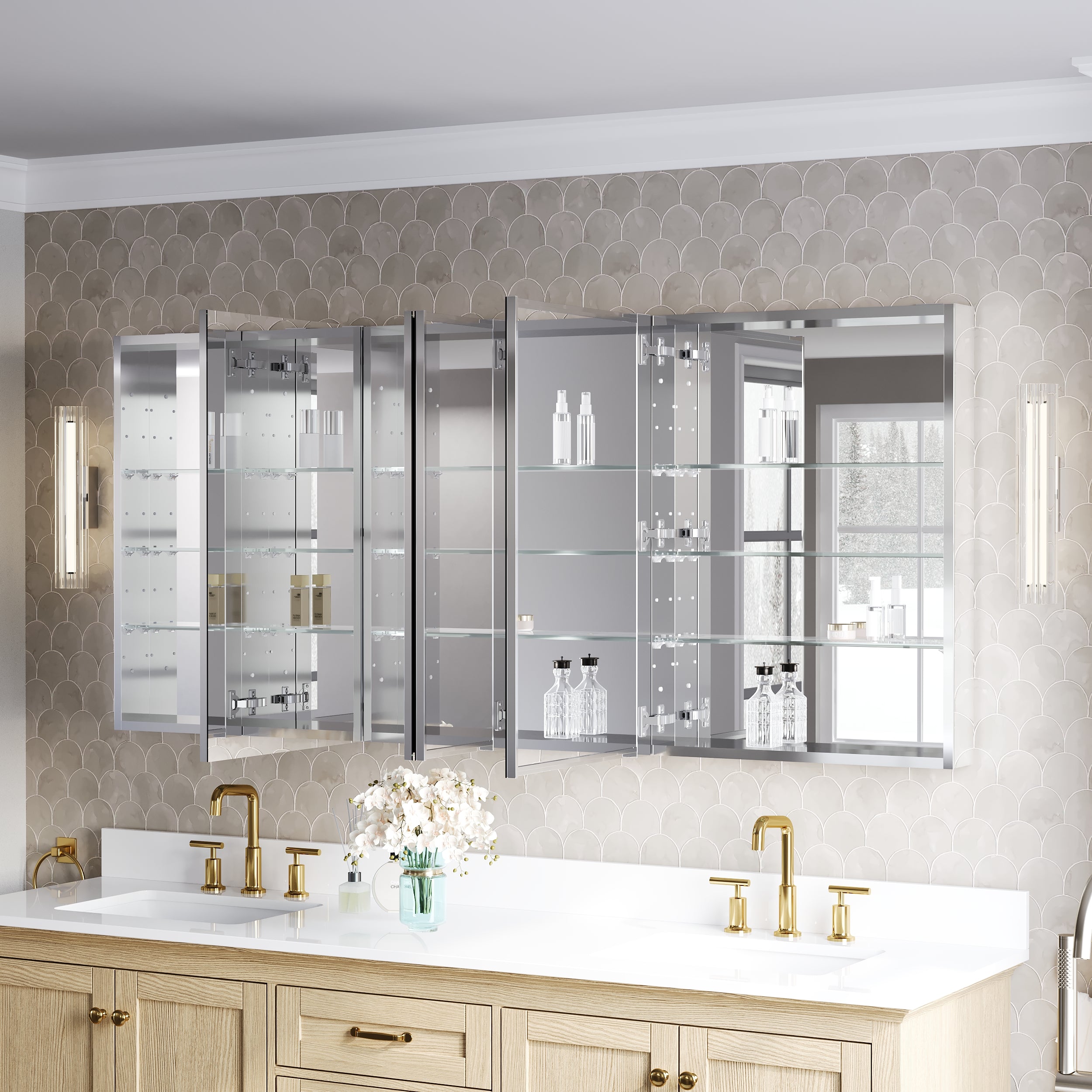 72 in.×32 in.H Copper-Free Mirror Medicine Cabinet with Soft-Close Blum® Hinges and Recessed/Surface Mount