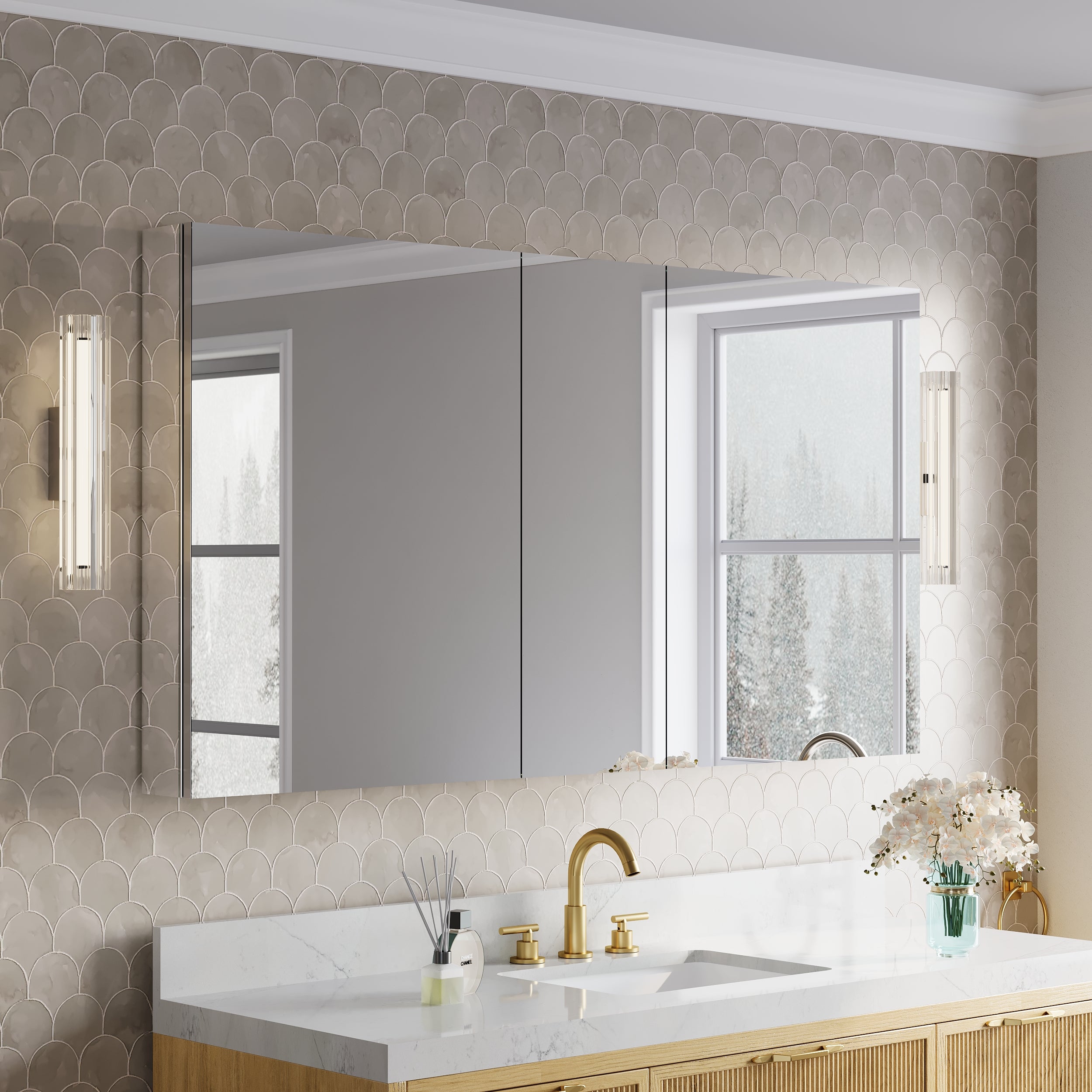 60 in.×32 in.H Copper-Free Mirror Medicine Cabinet with Soft-Close Blum® Hinges and 3 Doors