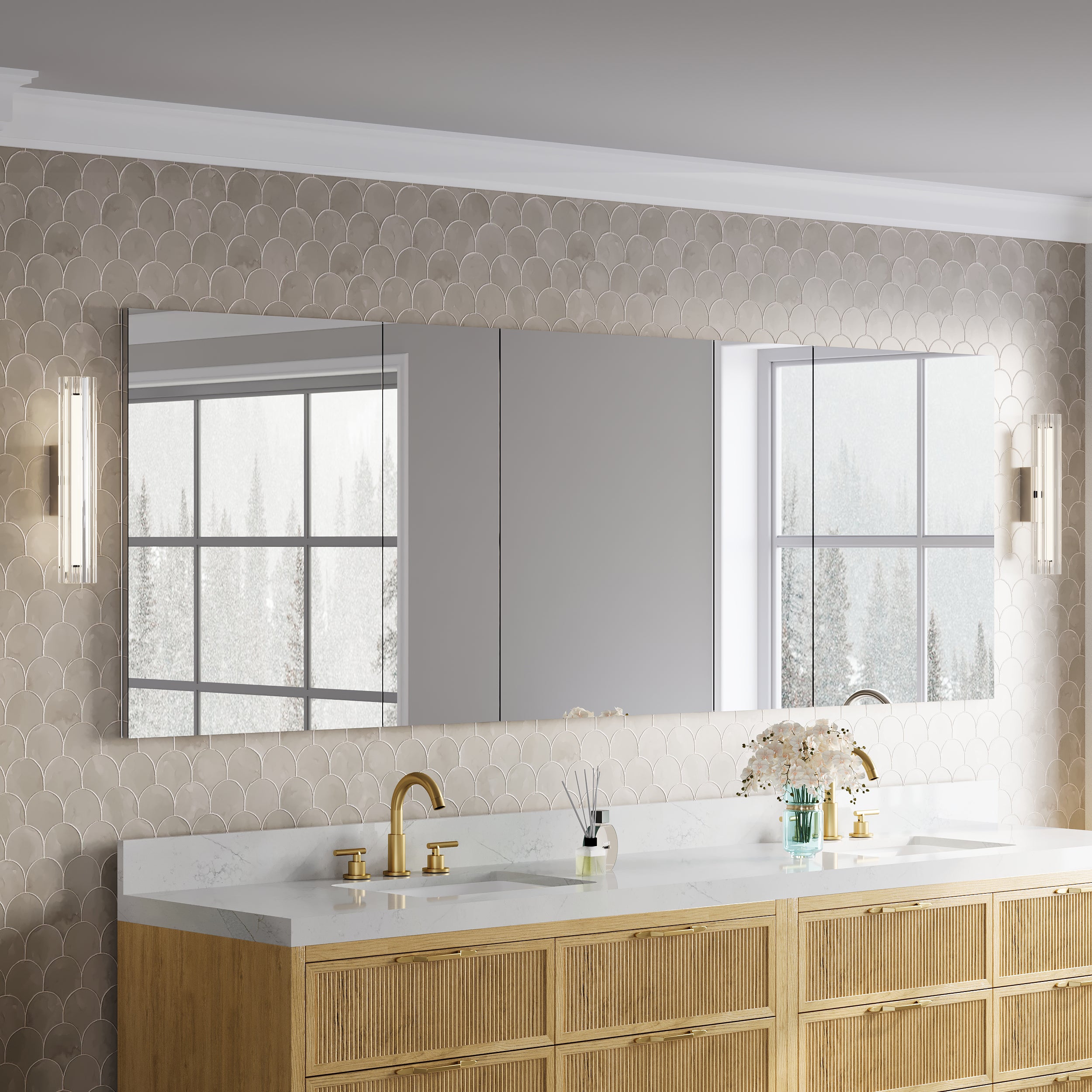 96 in.×32 in.H Copper-Free Mirror Medicine Cabinet with Soft-Close Blum® Hinges and 5 Doors