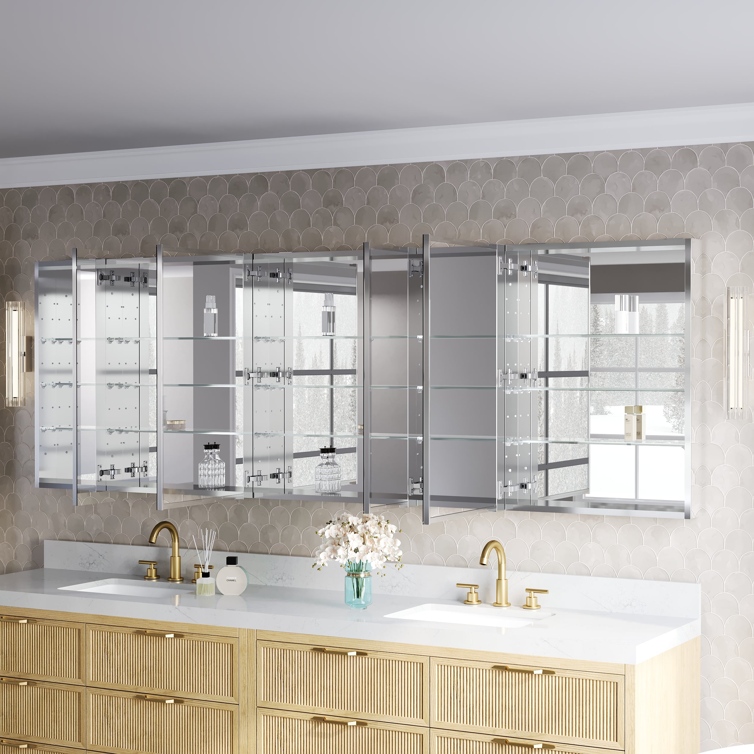 96 in.×32 in.H Copper-Free Mirror Medicine Cabinet with Soft-Close Blum® Hinges and 5 Doors