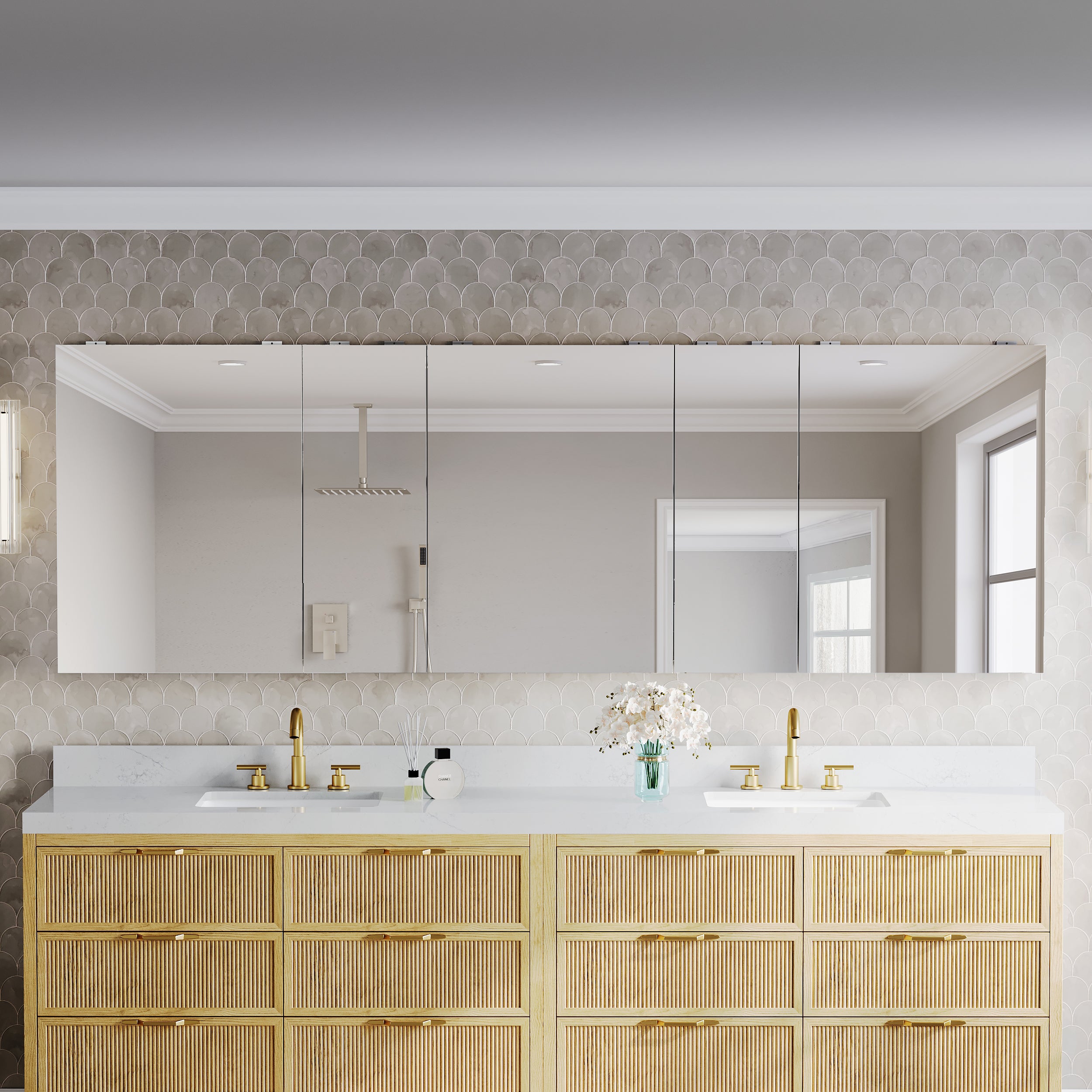 96 in.×32 in.H Copper-Free Mirror Medicine Cabinet with Soft-Close Blum® Hinges and 5 Doors