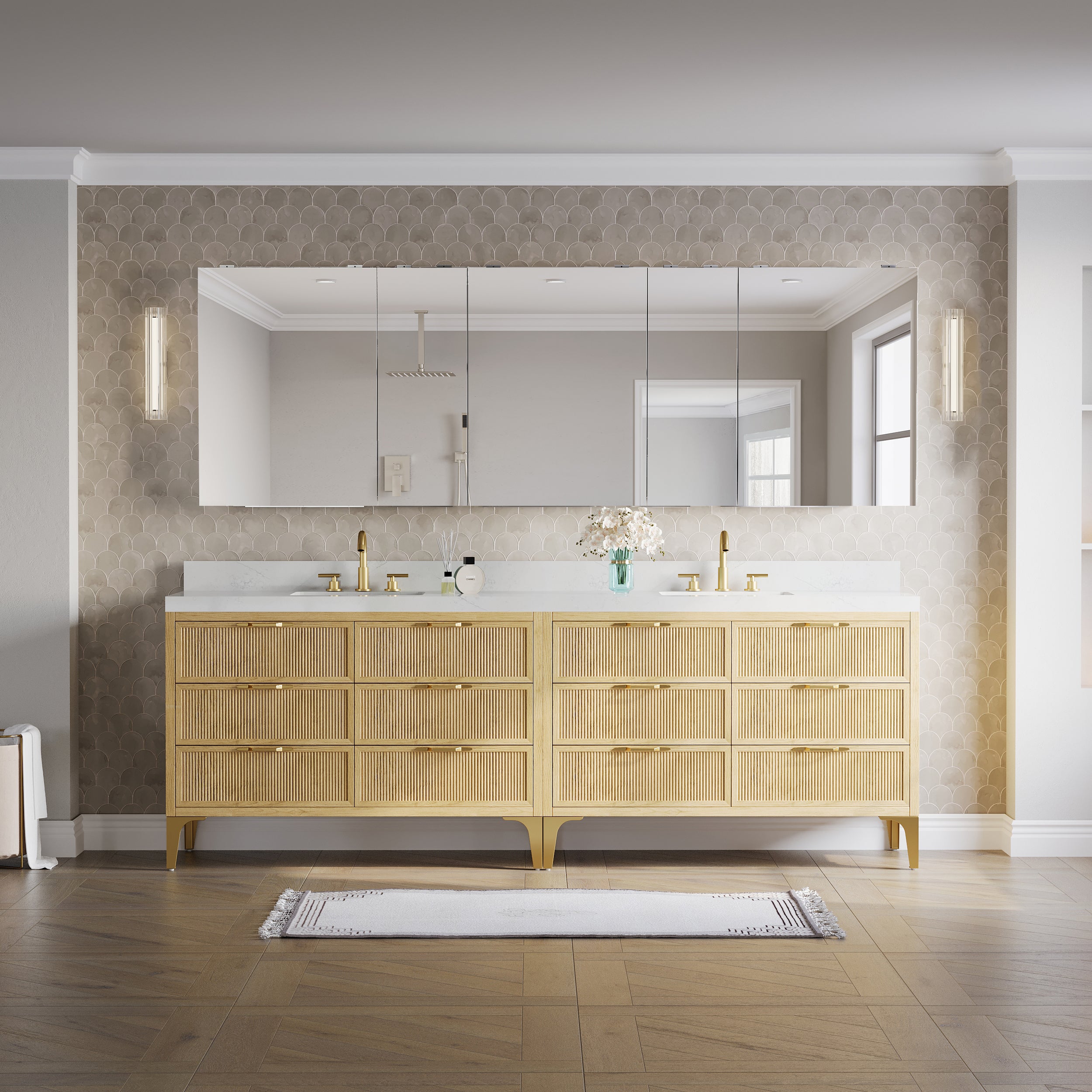 96 in.×32 in.H Copper-Free Mirror Medicine Cabinet with Soft-Close Blum® Hinges and 5 Doors