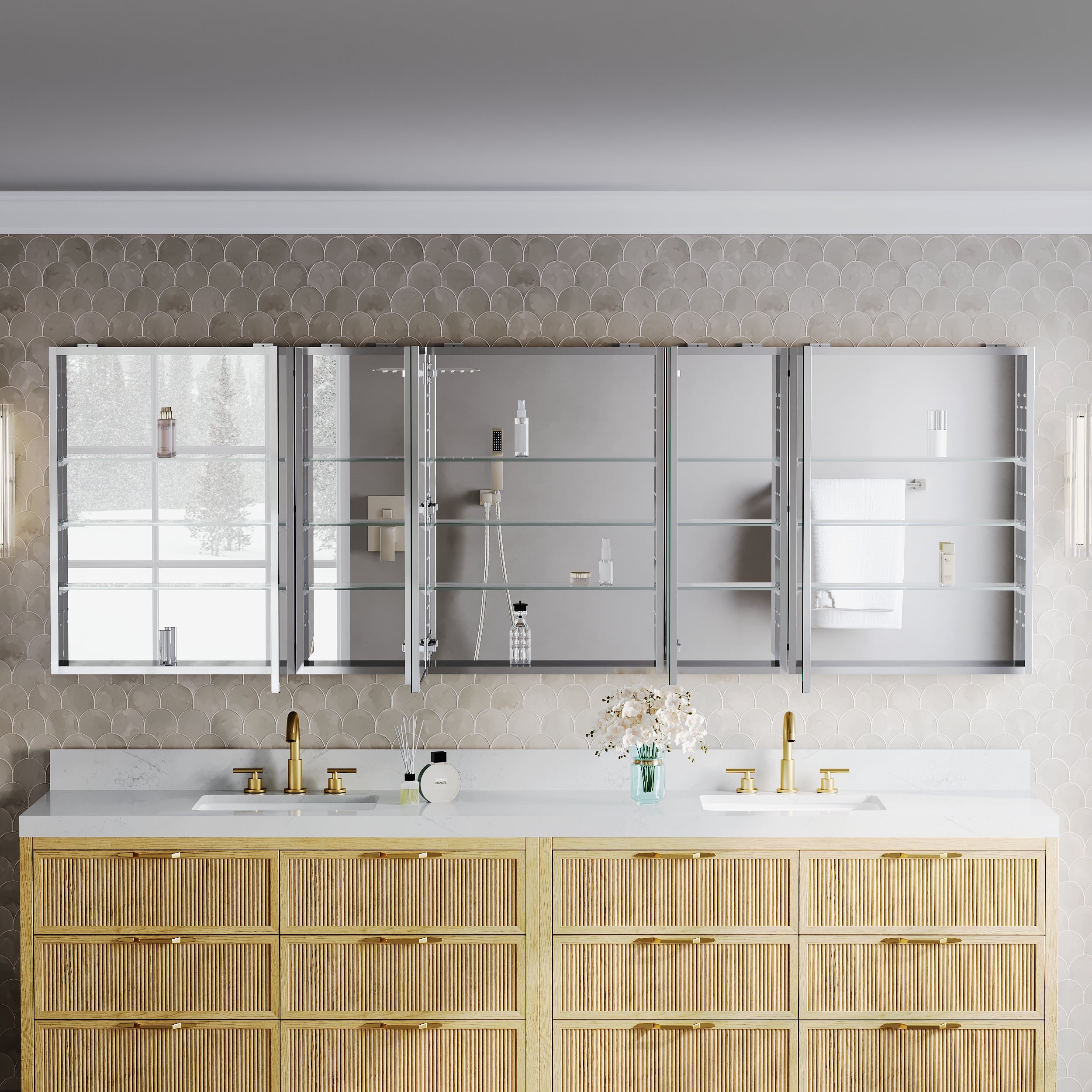 96 in.×32 in.H Copper-Free Mirror Medicine Cabinet with Soft-Close Blum® Hinges and 5 Doors