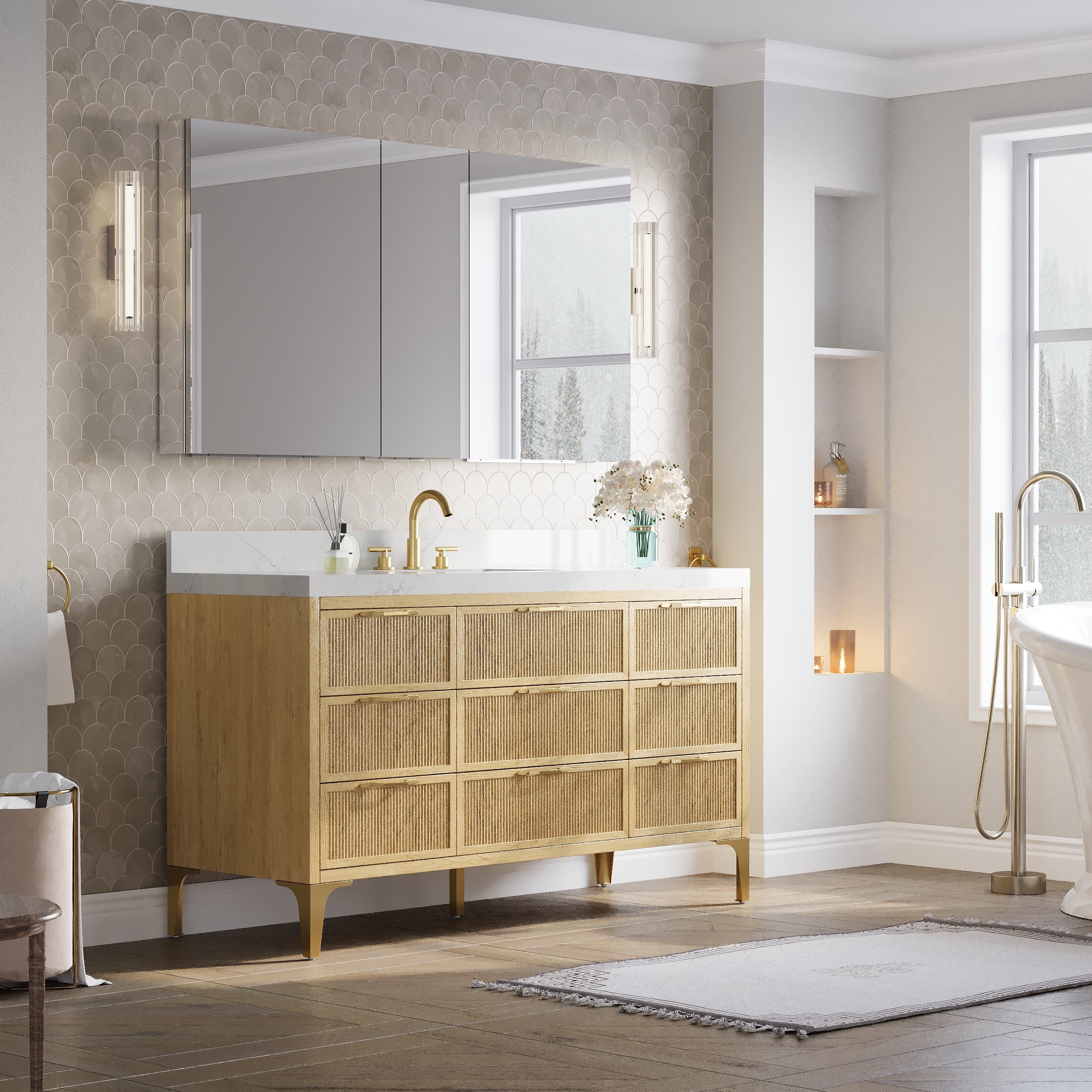 60 in.×32 in.H Copper-Free Mirror Medicine Cabinet with Soft-Close Blum® Hinges and 3 Doors