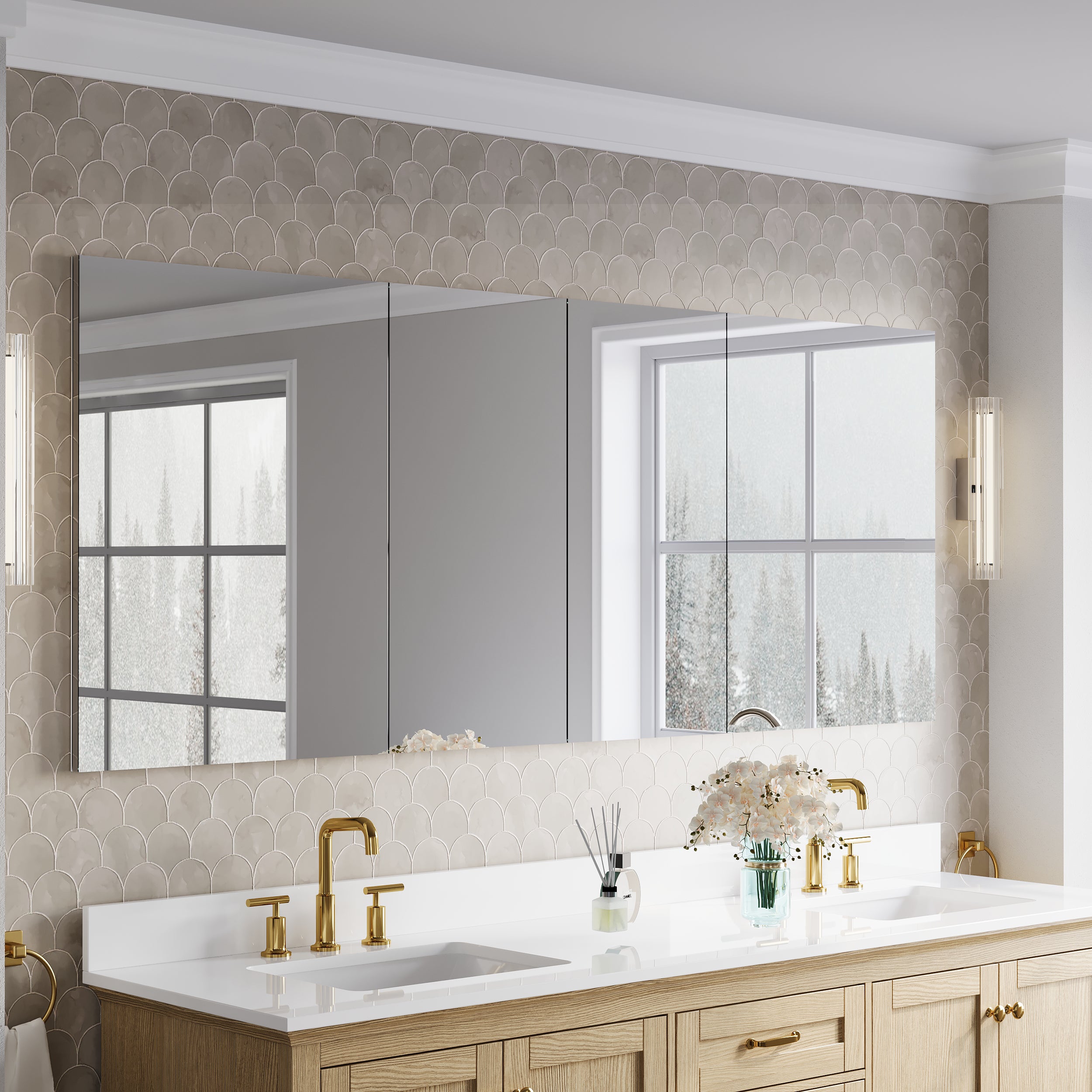 80 in.×32 in.H Copper-Free Mirror Medicine Cabinet with Soft-Close Blum® Hinges and 4 Doors