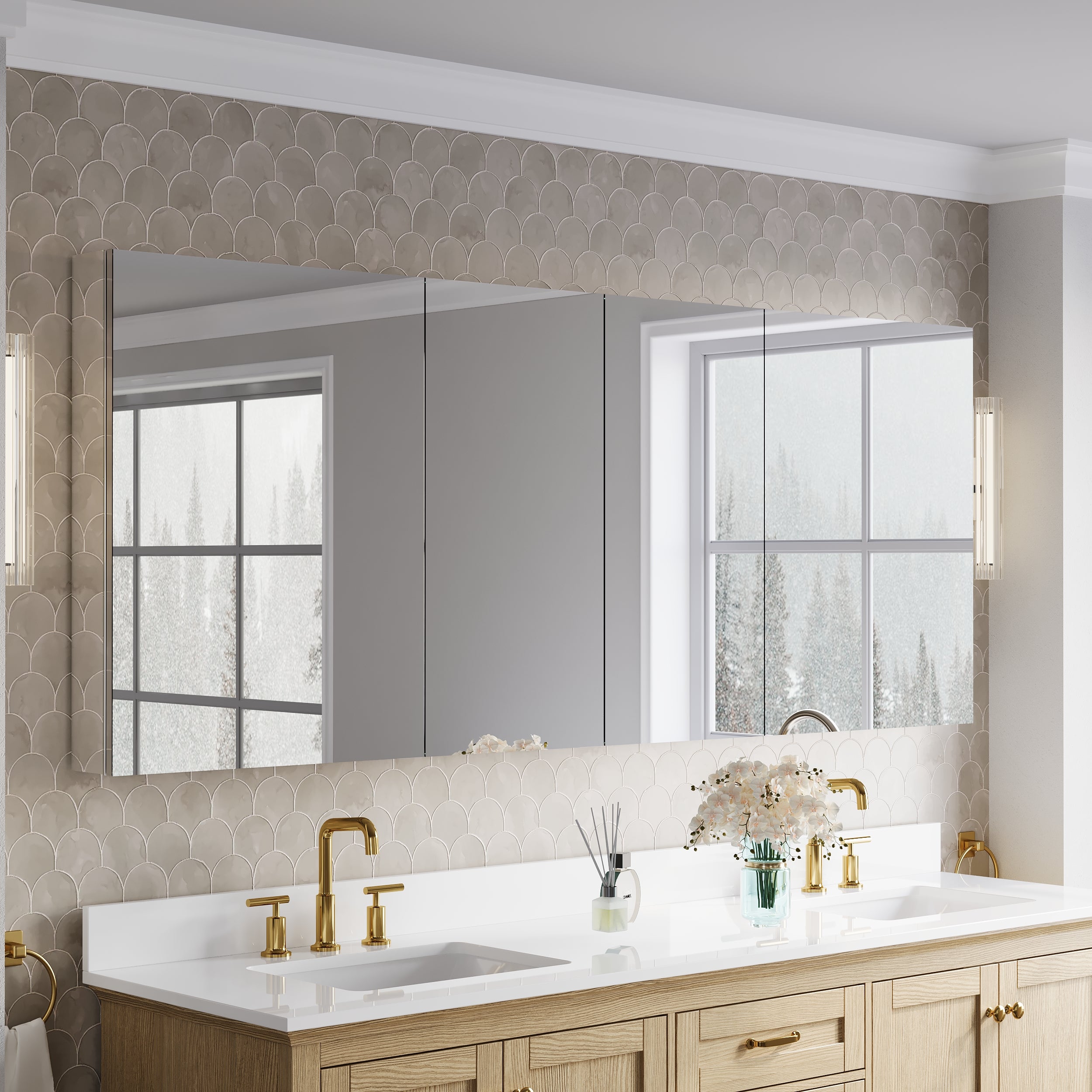 80 in.×32 in.H Copper-Free Mirror Medicine Cabinet with Soft-Close Blum® Hinges and 4 Doors