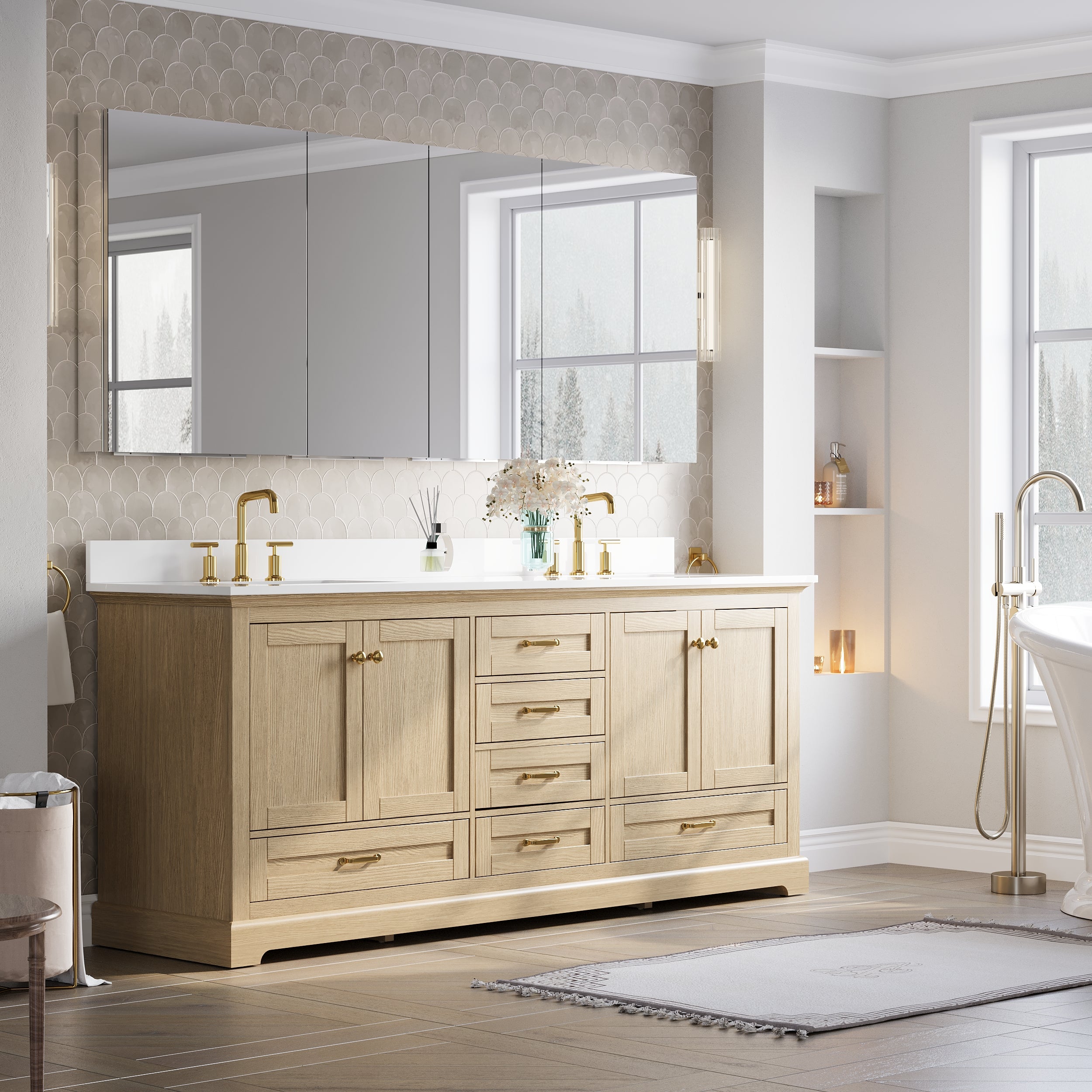 80 in.×32 in.H Copper-Free Mirror Medicine Cabinet with Soft-Close Blum® Hinges and 4 Doors