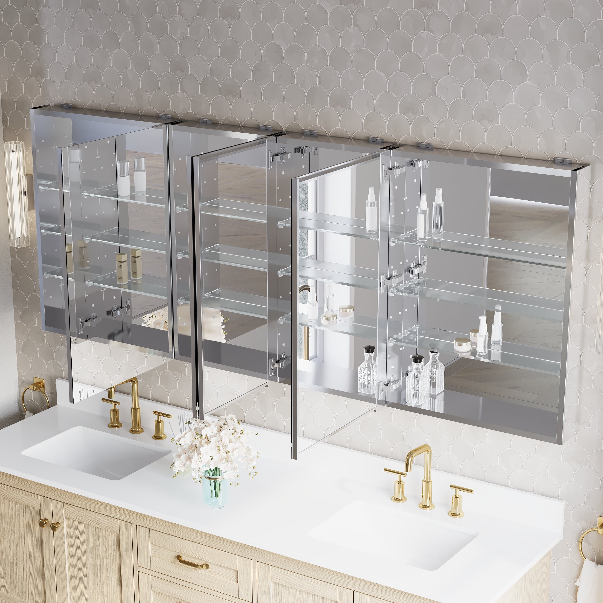 80 in.×32 in.H Copper-Free Mirror Medicine Cabinet with Soft-Close Blum® Hinges and 4 Doors