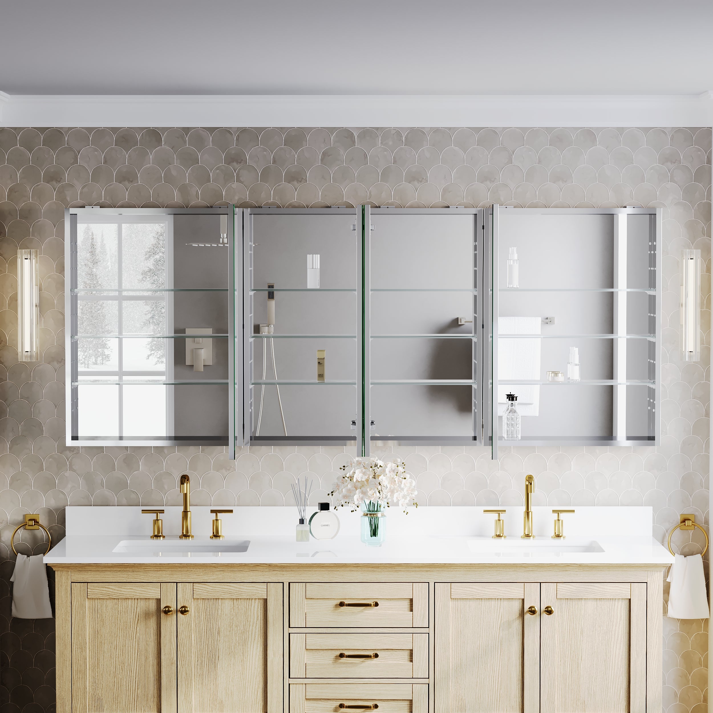 80 in.×32 in.H Copper-Free Mirror Medicine Cabinet with Soft-Close Blum® Hinges and 4 Doors