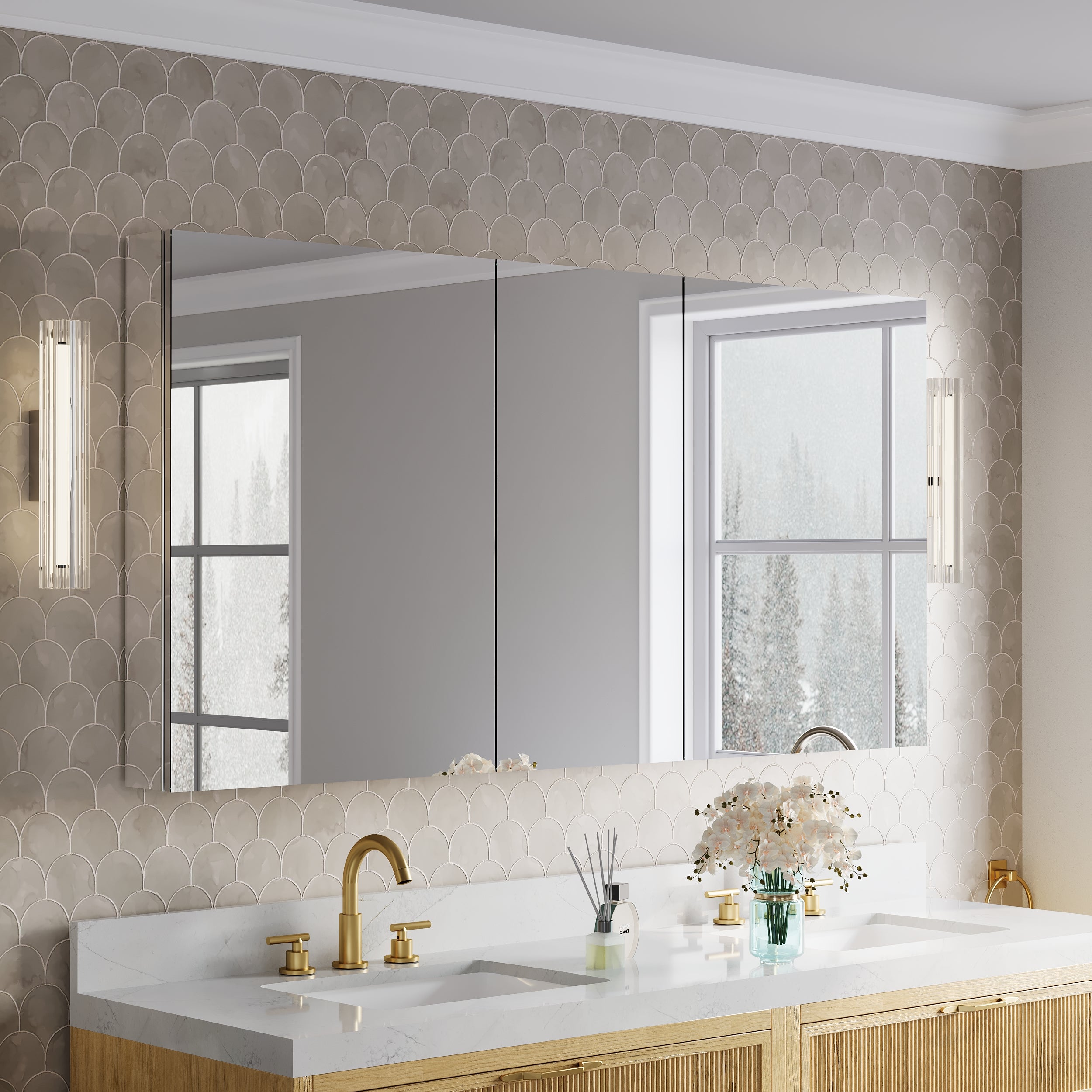 64 in.×32 in.H Aluminum Copper-Free Mirror Medicine Cabinet with Soft-Close Blum® Hinges and Recessed/Surface Mount