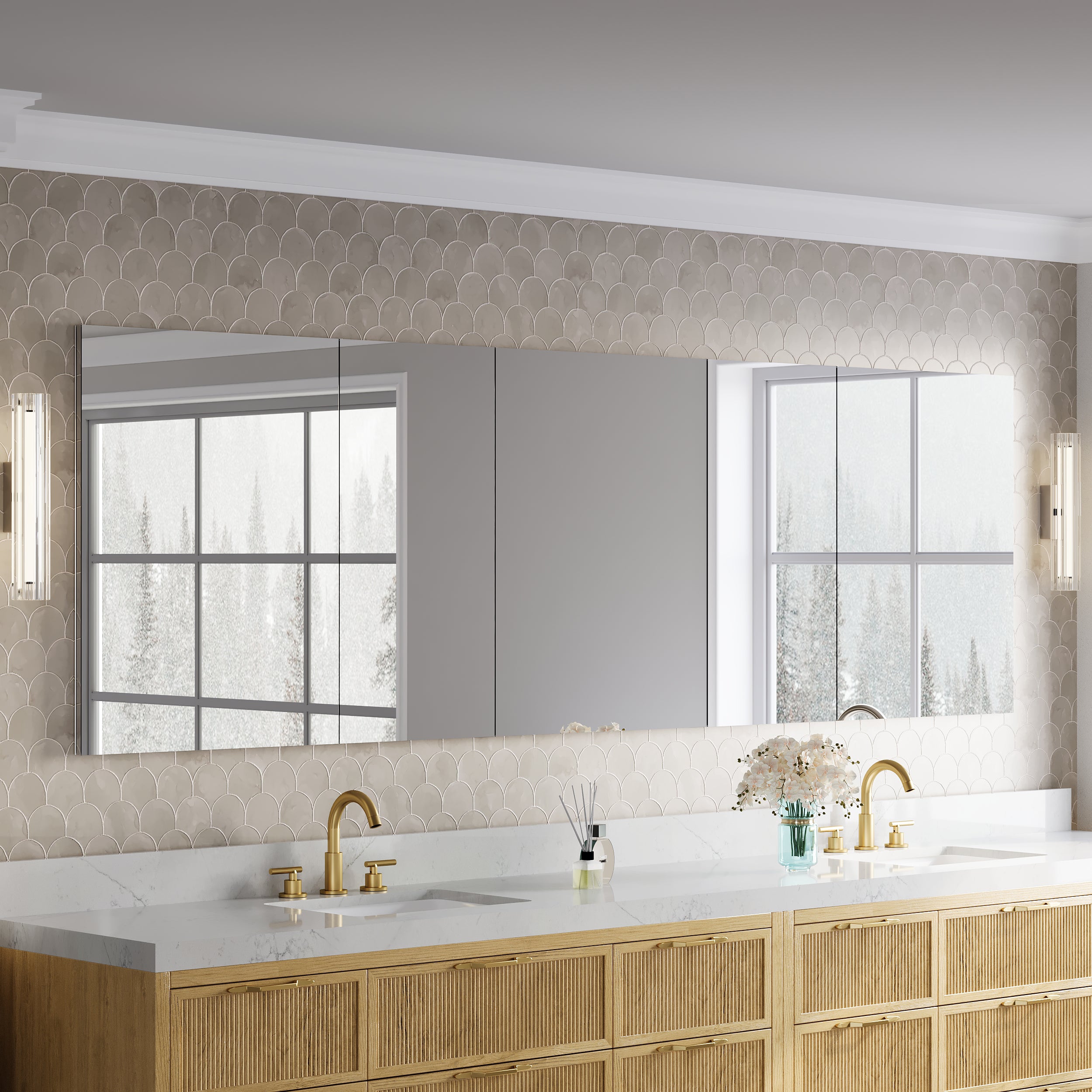 104 in.×32 in.H Copper-Free Mirror Medicine Cabinet with Soft-Close Blum® Hinges and 5 Doors