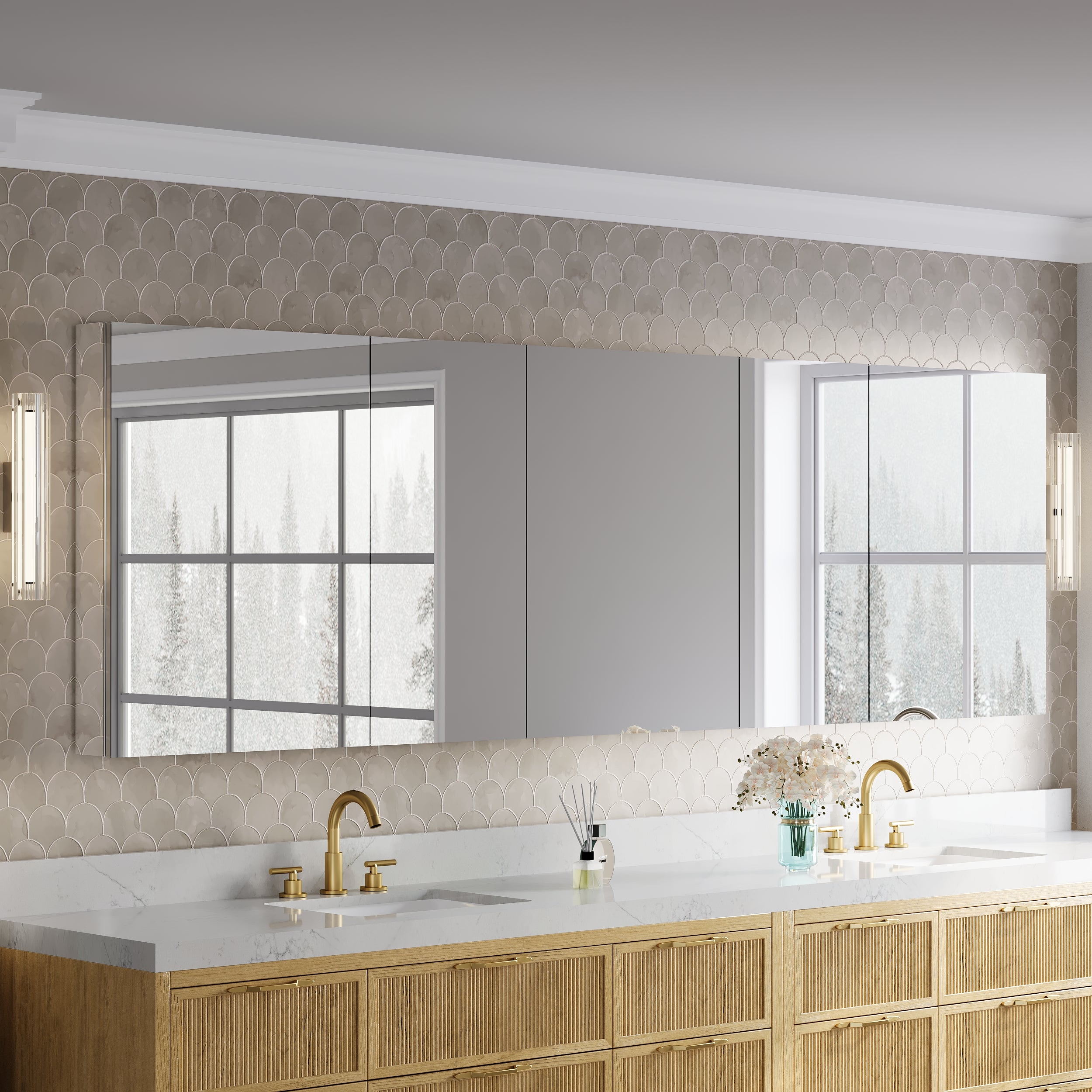 104 in.×32 in.H Copper-Free Mirror Medicine Cabinet with Soft-Close Blum® Hinges and 5 Doors