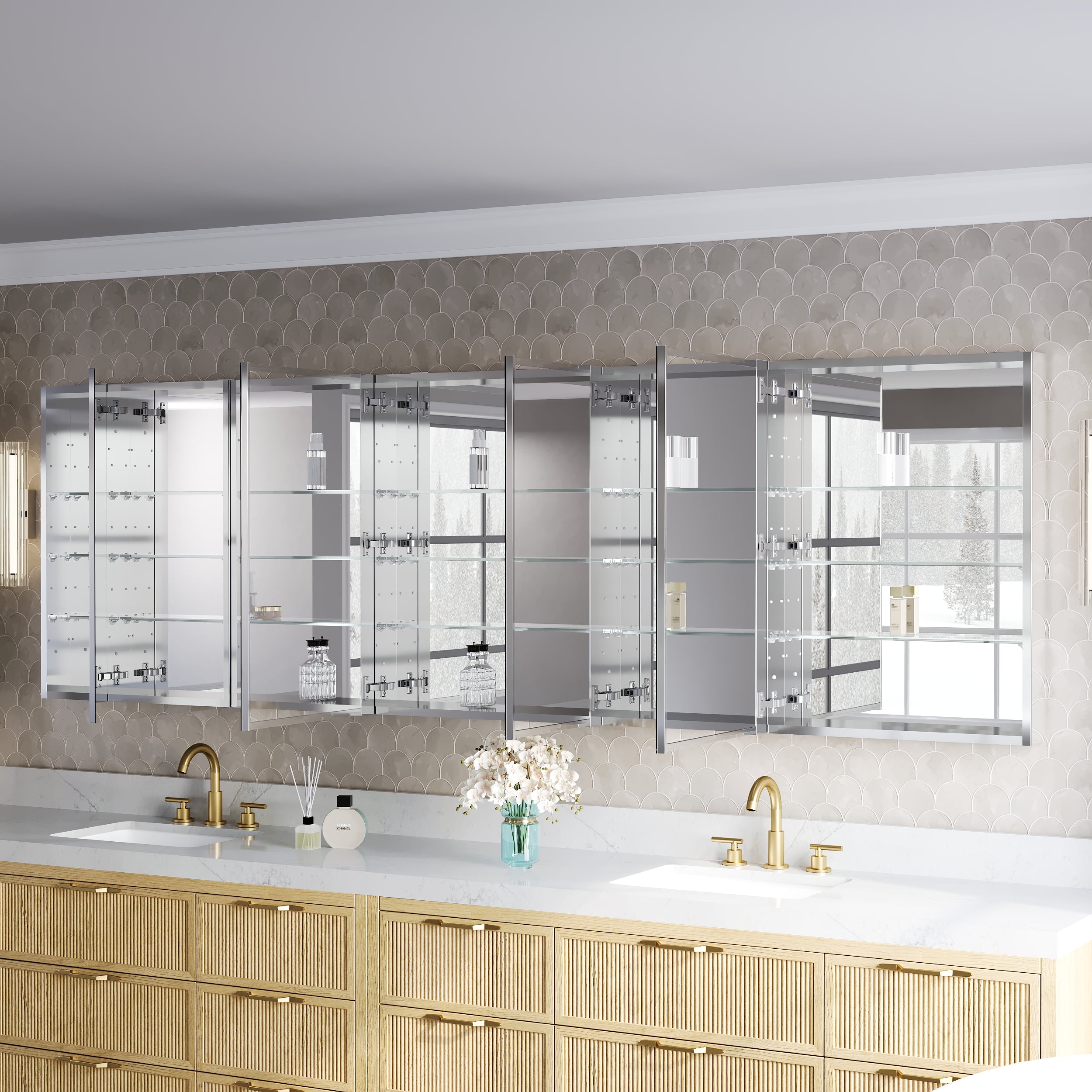 104 in.×32 in.H Copper-Free Mirror Medicine Cabinet with Soft-Close Blum® Hinges and 5 Doors