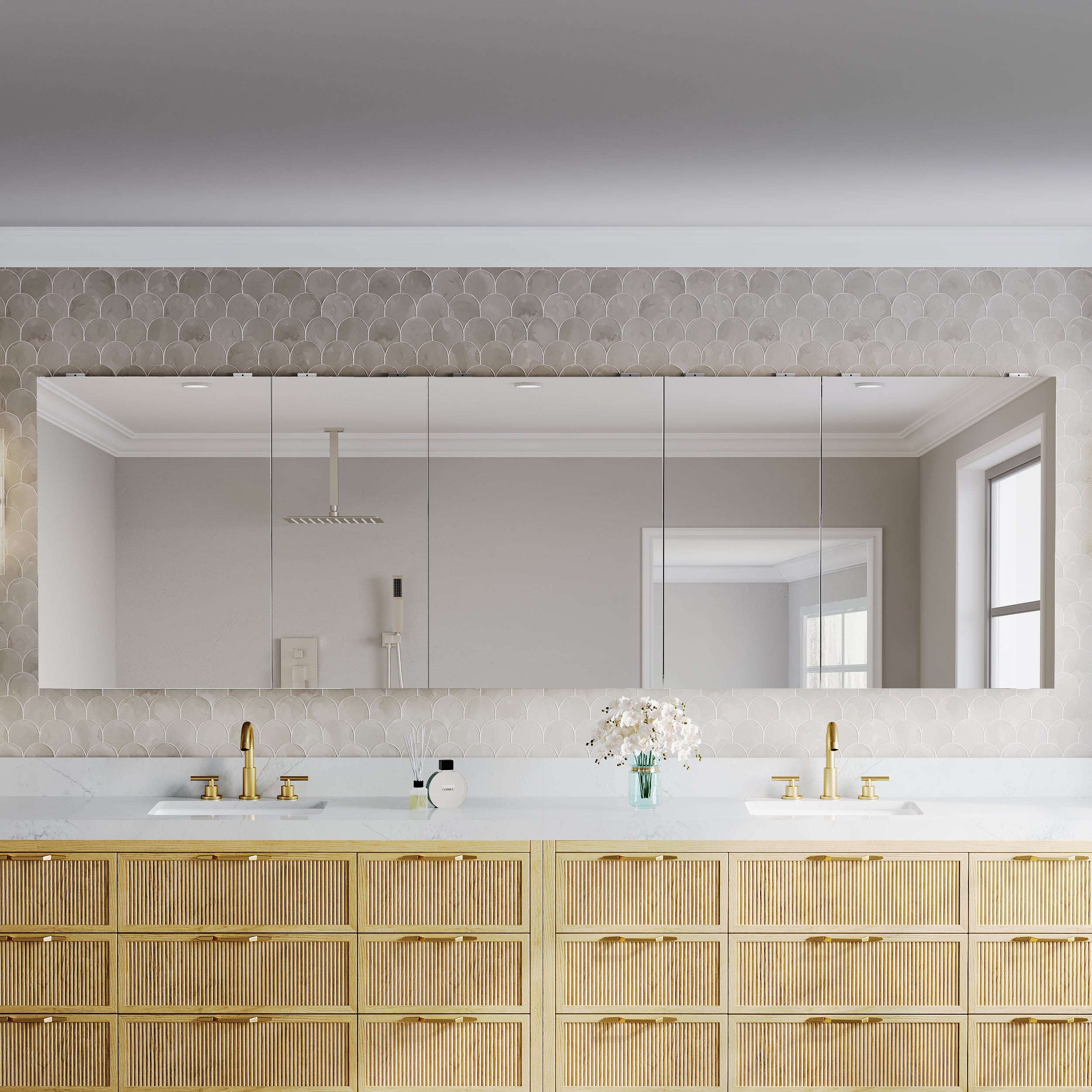 104 in.×32 in.H Copper-Free Mirror Medicine Cabinet with Soft-Close Blum® Hinges and 5 Doors