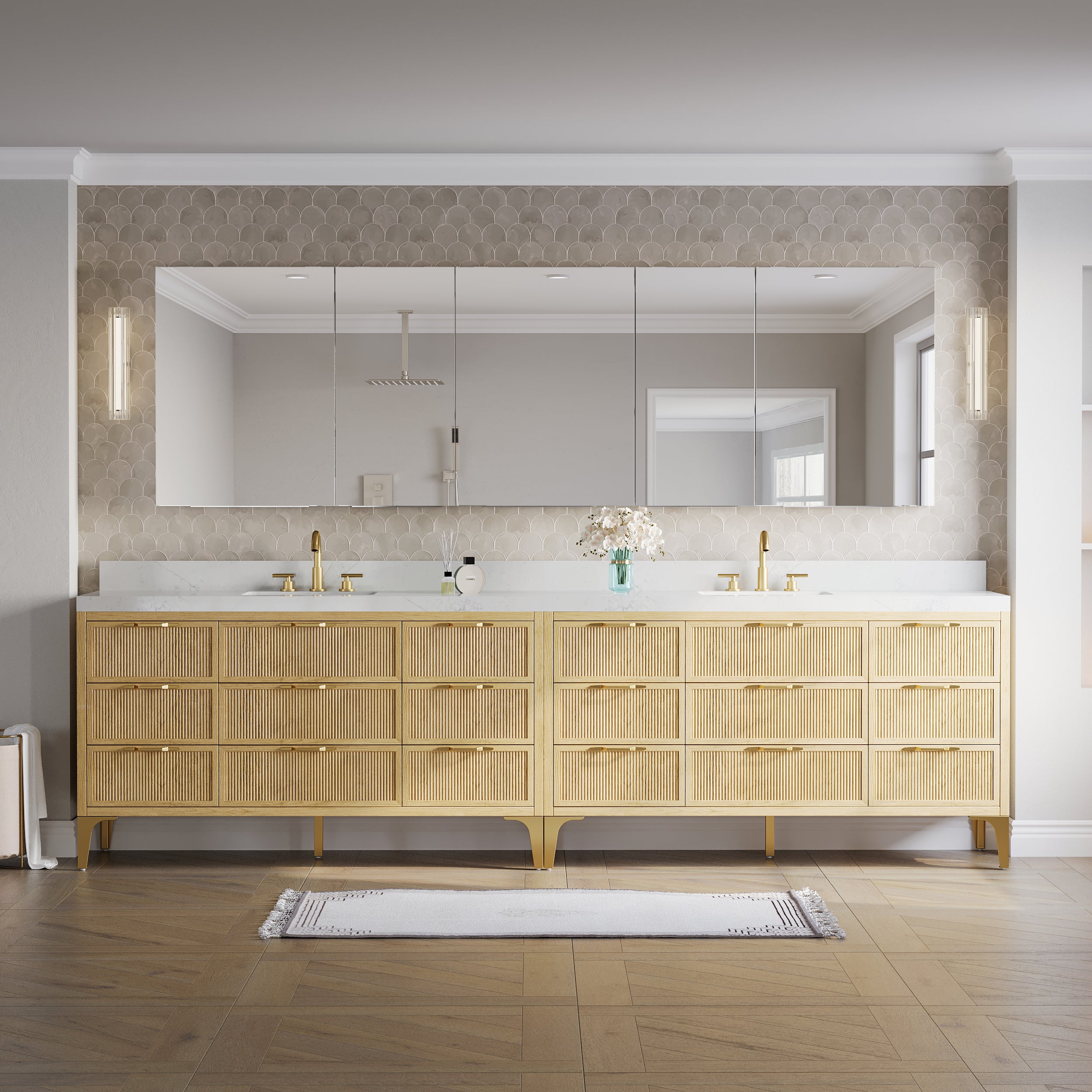 104 in.×32 in.H Copper-Free Mirror Medicine Cabinet with Soft-Close Blum® Hinges and 5 Doors