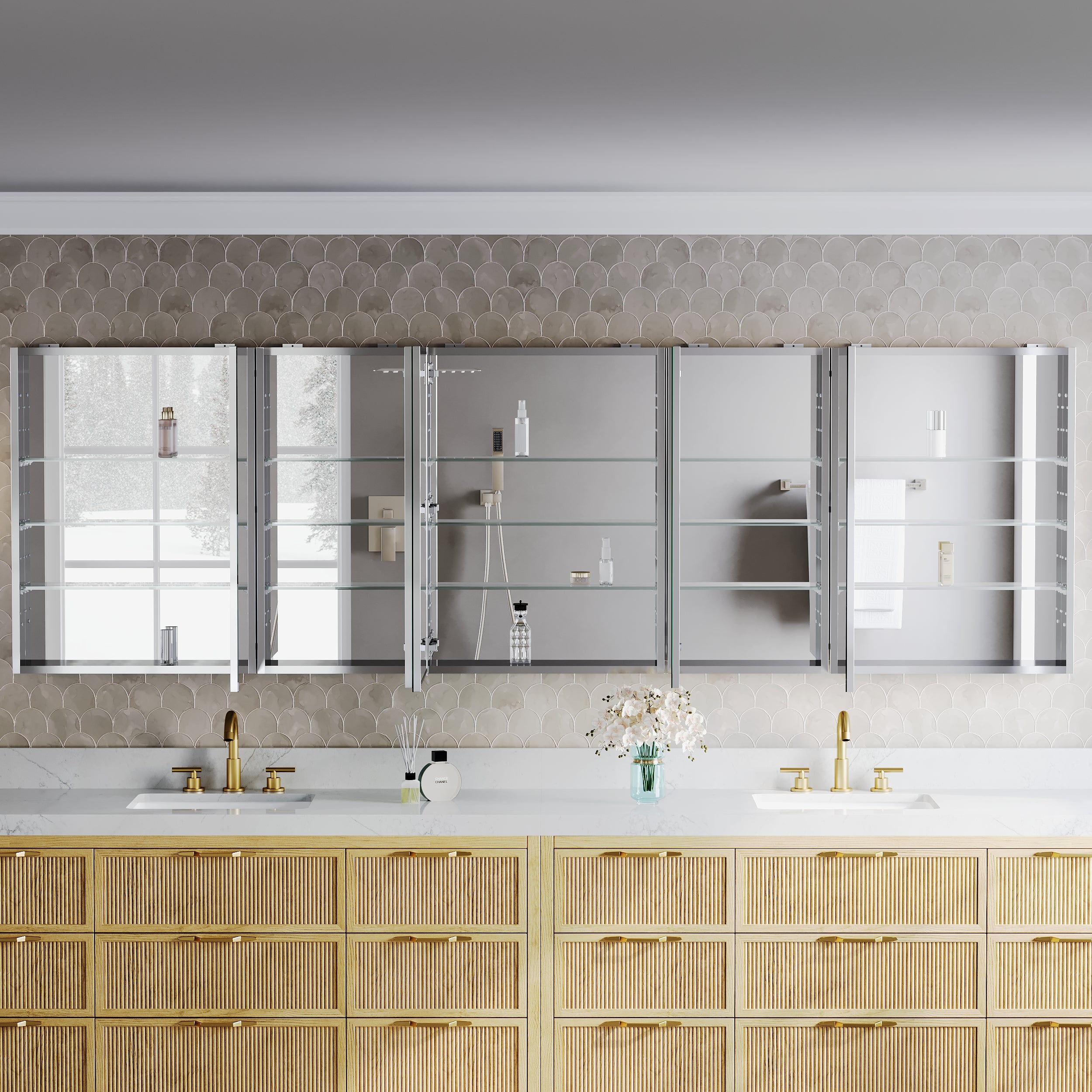 104 in.×32 in.H Copper-Free Mirror Medicine Cabinet with Soft-Close Blum® Hinges and 5 Doors