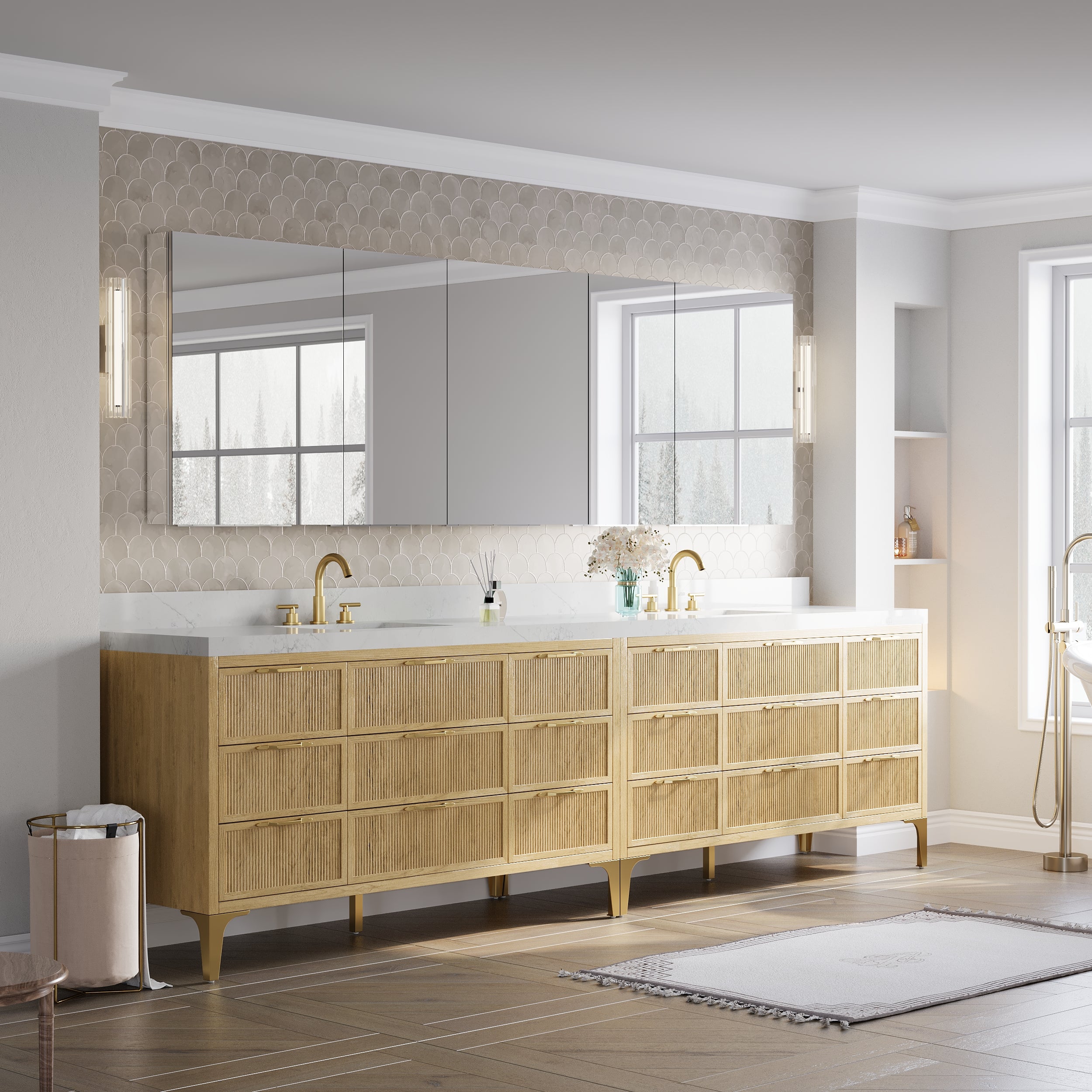 104 in.×32 in.H Copper-Free Mirror Medicine Cabinet with Soft-Close Blum® Hinges and 5 Doors