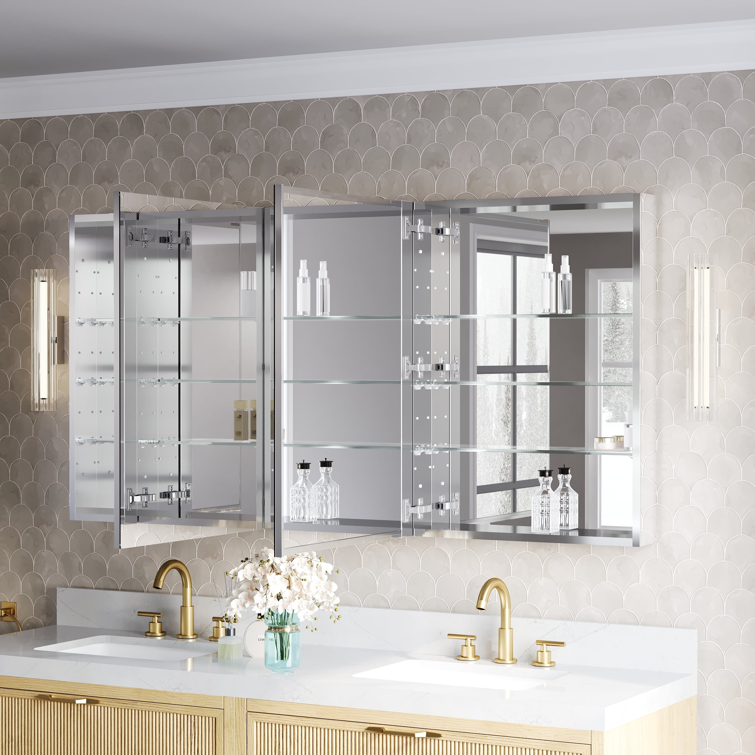 64 in.×32 in.H Aluminum Copper-Free Mirror Medicine Cabinet with Soft-Close Blum® Hinges and Recessed/Surface Mount