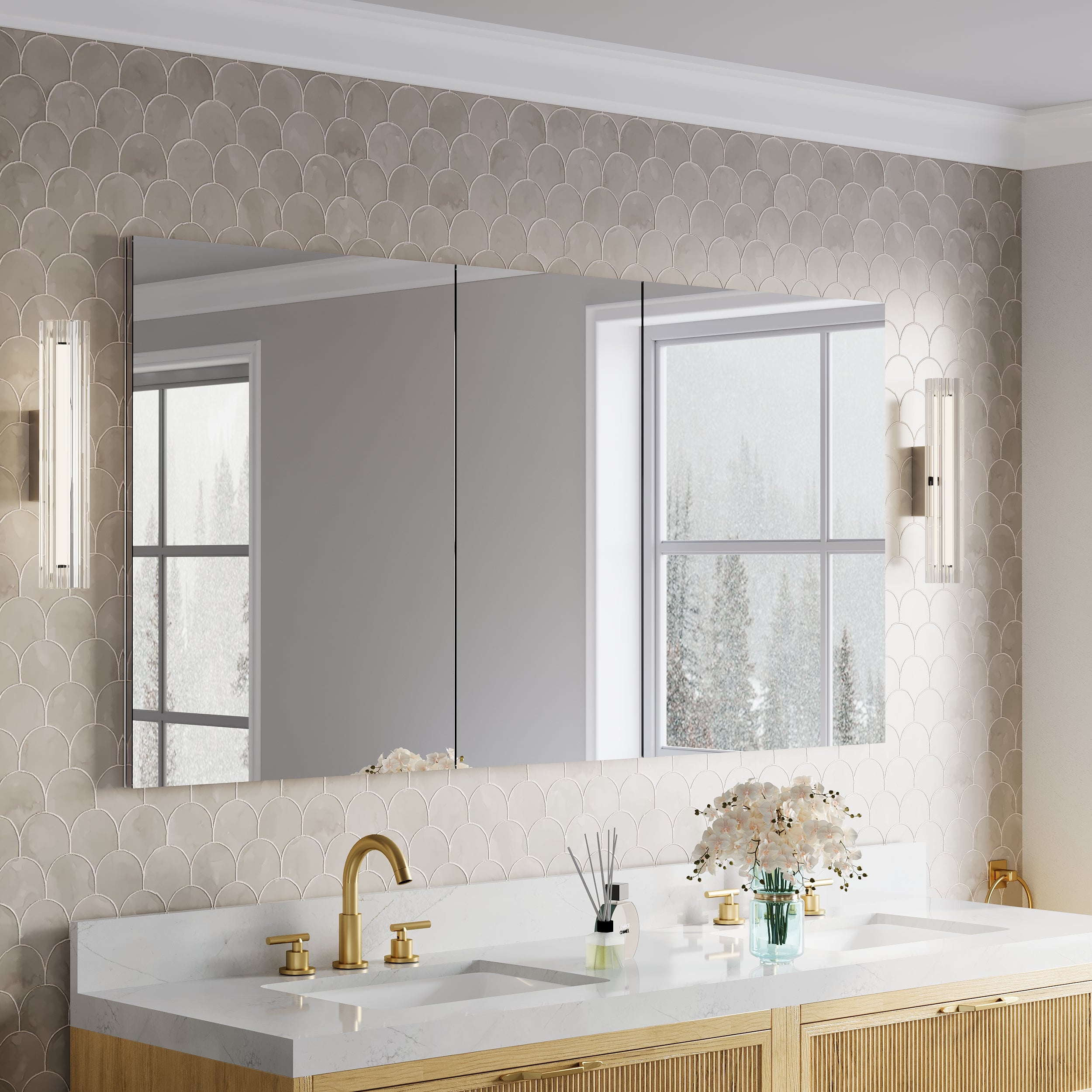 64 in.×32 in.H Aluminum Copper-Free Mirror Medicine Cabinet with Soft-Close Blum® Hinges and Recessed/Surface Mount