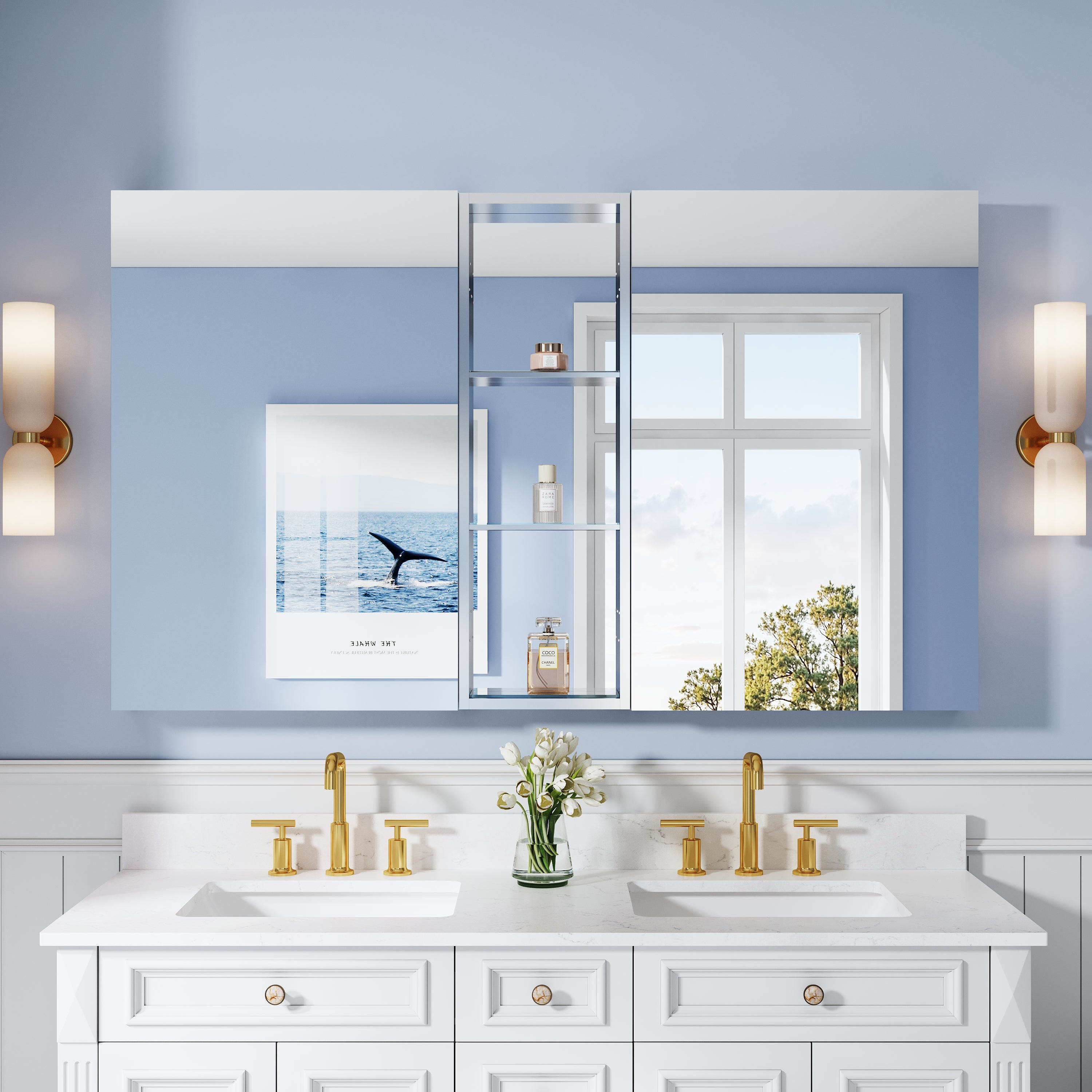 60 in. ×36 in. Bathroom Medicine Cabinet Set with Copper-Free Tri-View Mirror and Open Side Cabinet, Recessed or Surface Mount