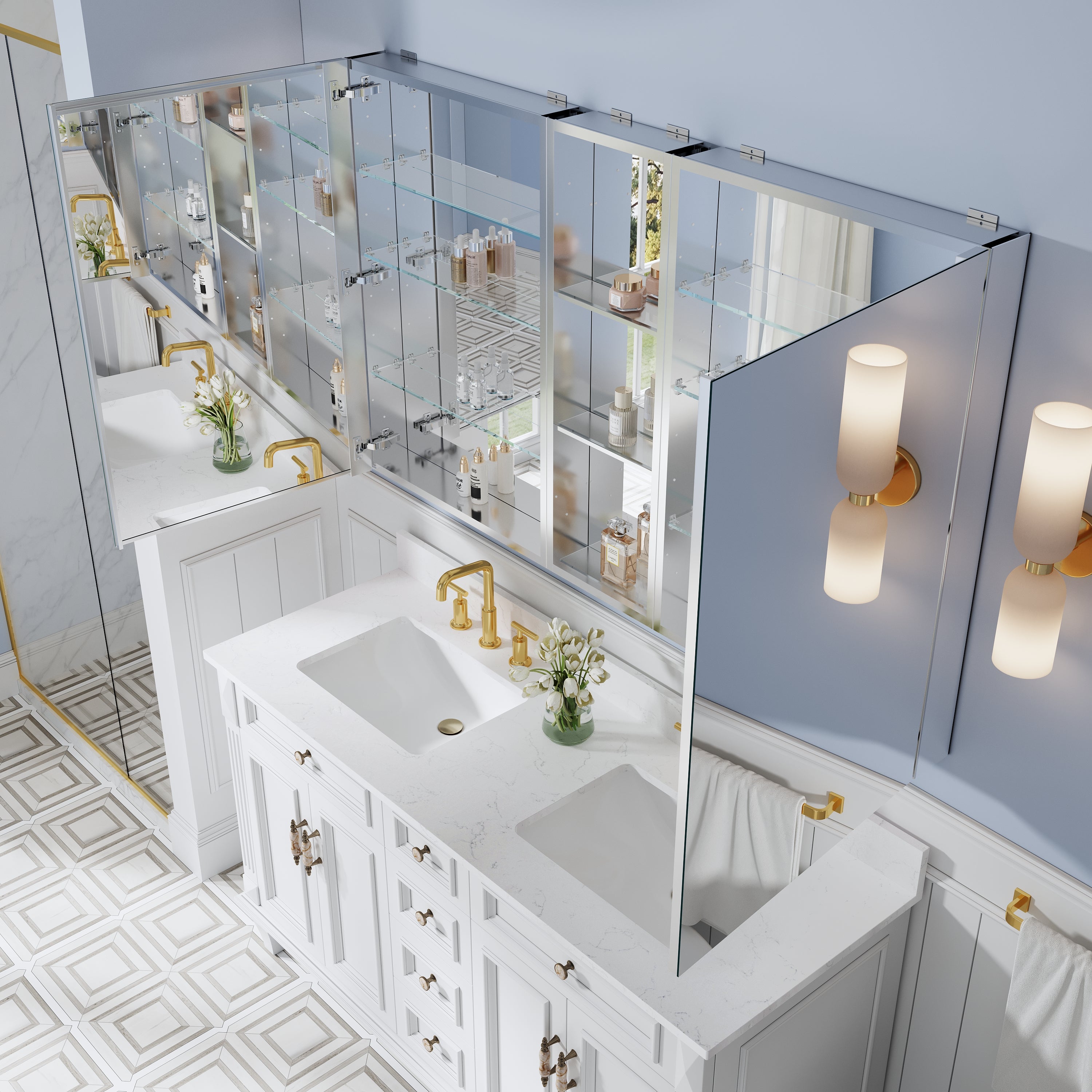 60 in. ×36 in. Bathroom Medicine Cabinet Set with Copper-Free Tri-View Mirror and Open Side Cabinet, Recessed or Surface Mount