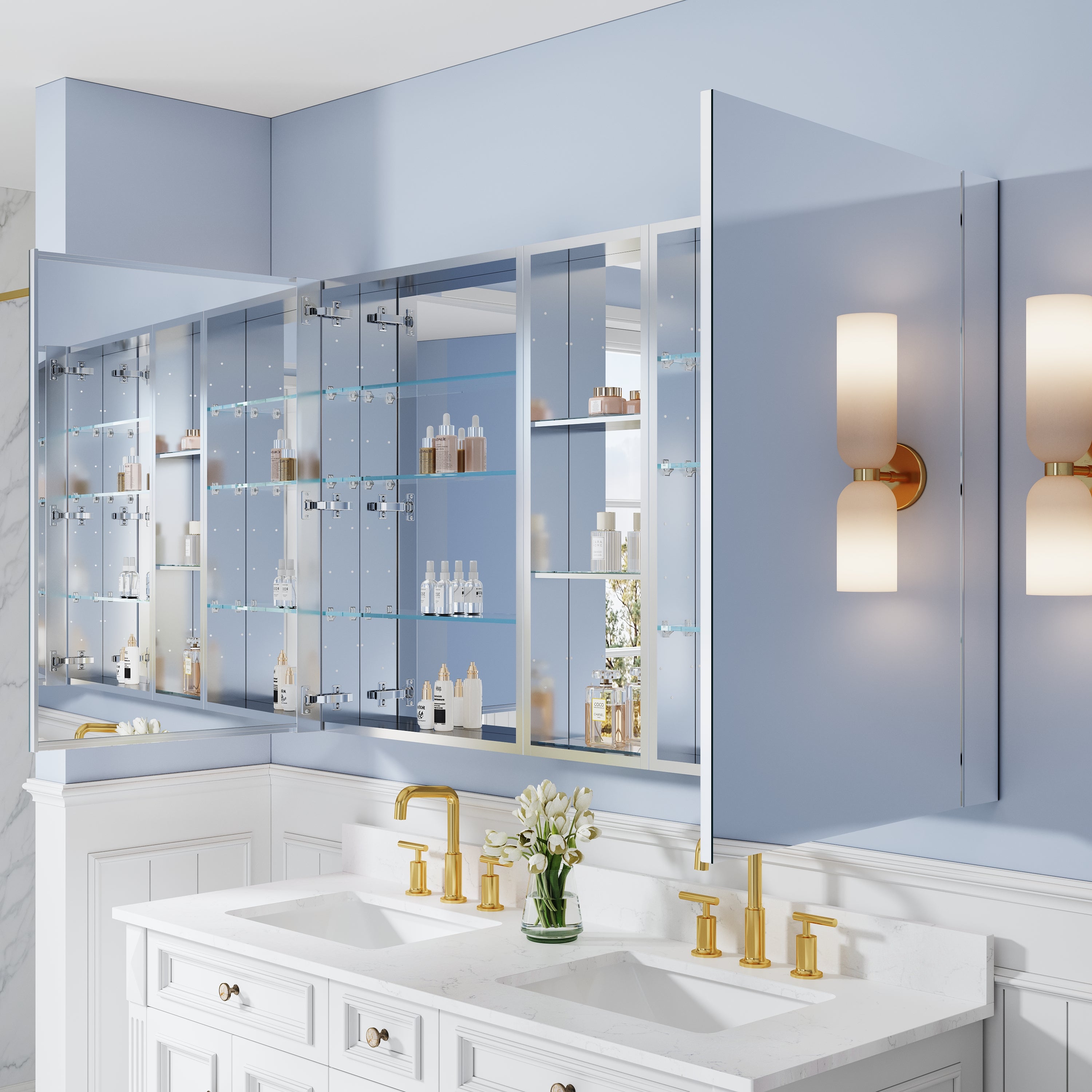 60 in. ×36 in. Bathroom Medicine Cabinet Set with Copper-Free Tri-View Mirror and Open Side Cabinet, Recessed or Surface Mount