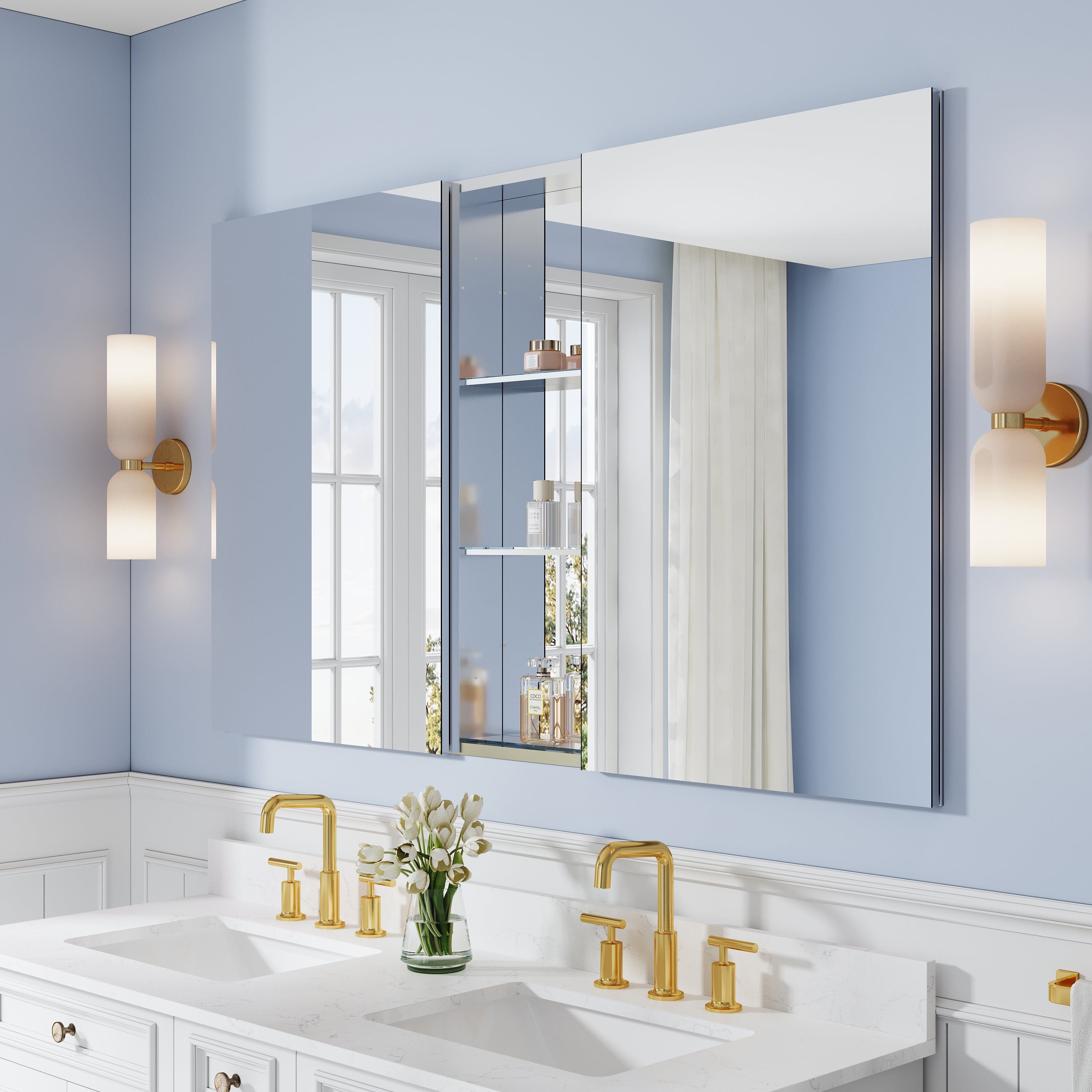 60 in. ×36 in. Bathroom Medicine Cabinet Set with Copper-Free Tri-View Mirror and Open Side Cabinet, Recessed or Surface Mount