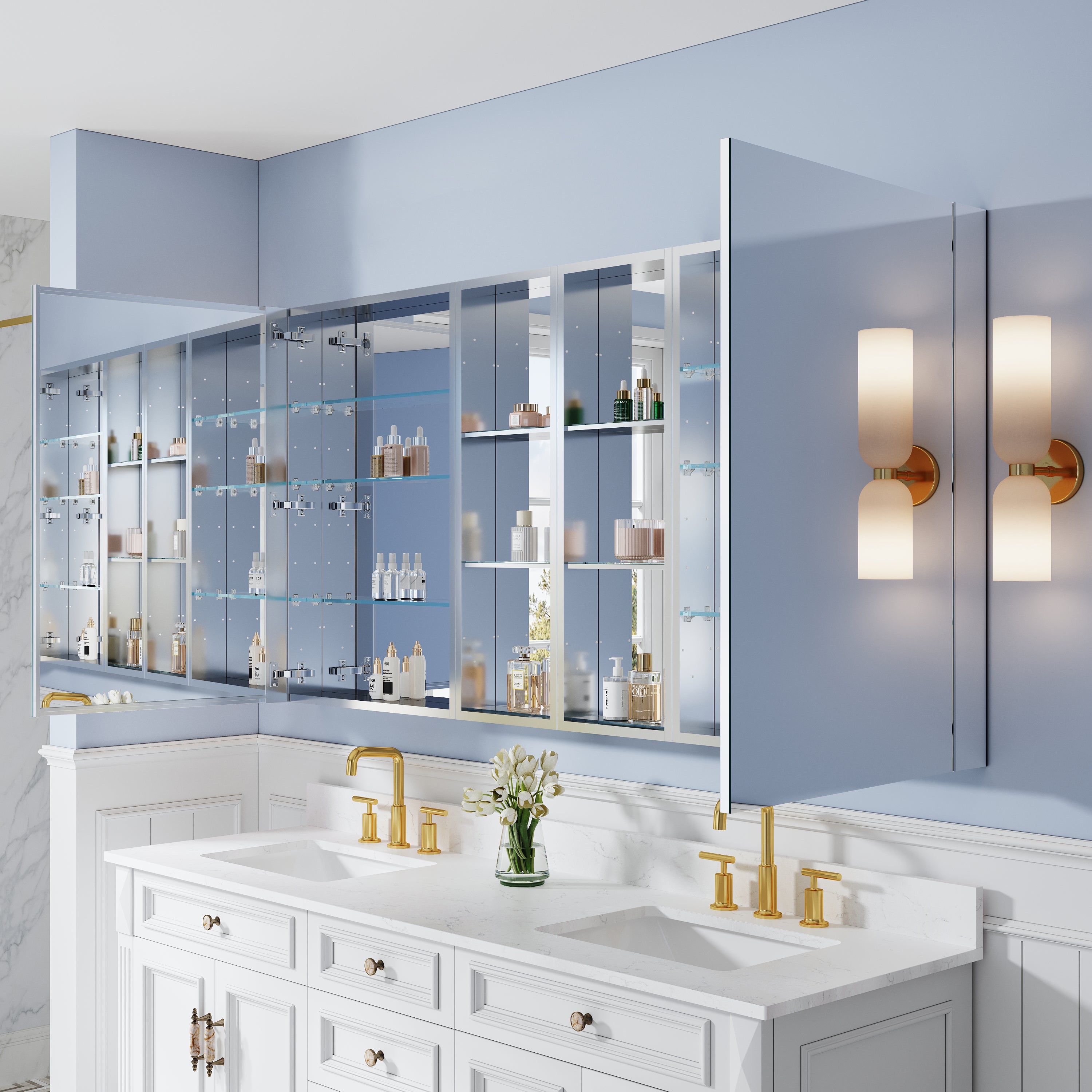 72 in. ×36 in. Bathroom Medicine Cabinet Set with Copper-Free Tri-View Mirror and Open Side Cabinet, Recessed or Surface Mount