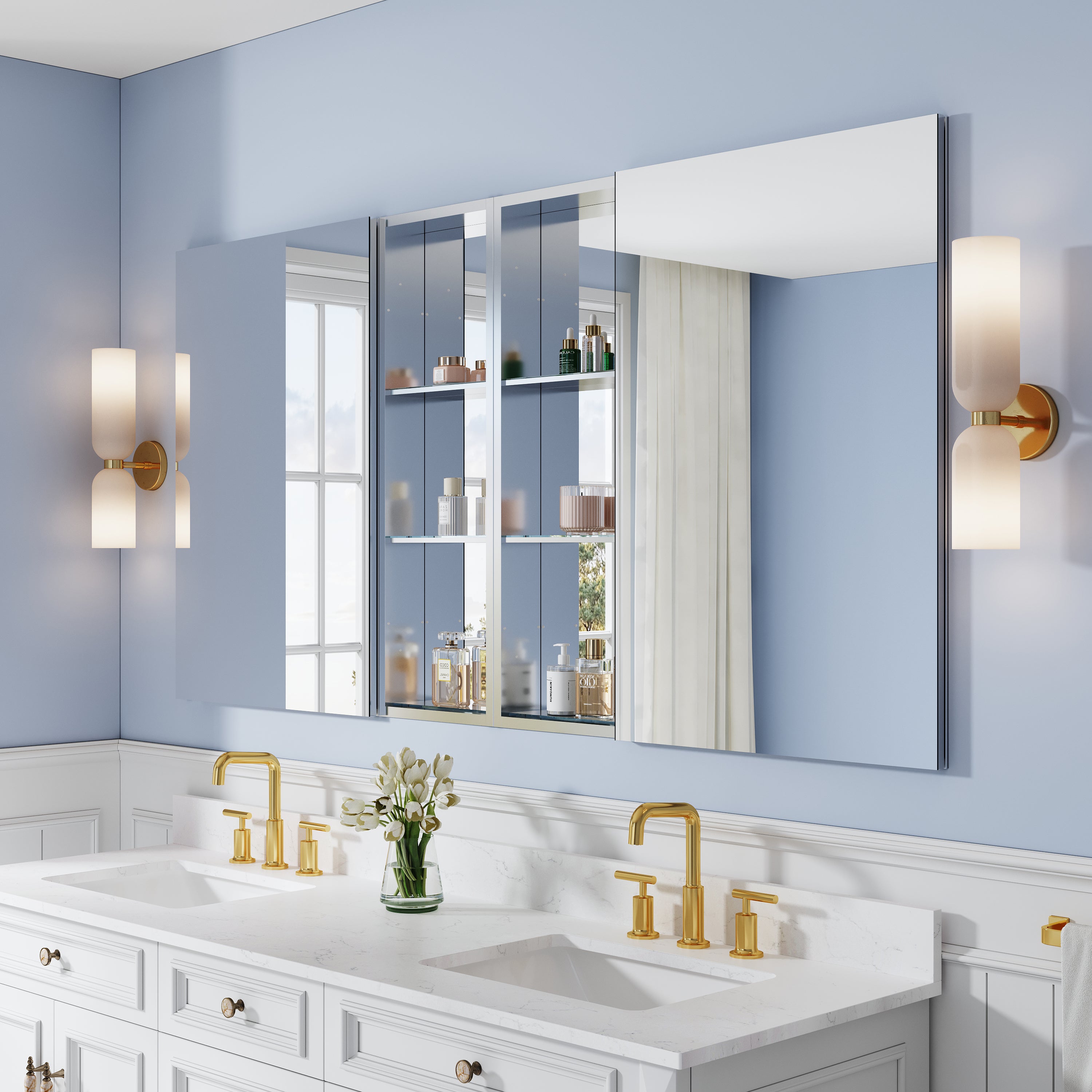 72 in. ×36 in. Bathroom Medicine Cabinet Set with Copper-Free Tri-View Mirror and Open Side Cabinet, Recessed or Surface Mount