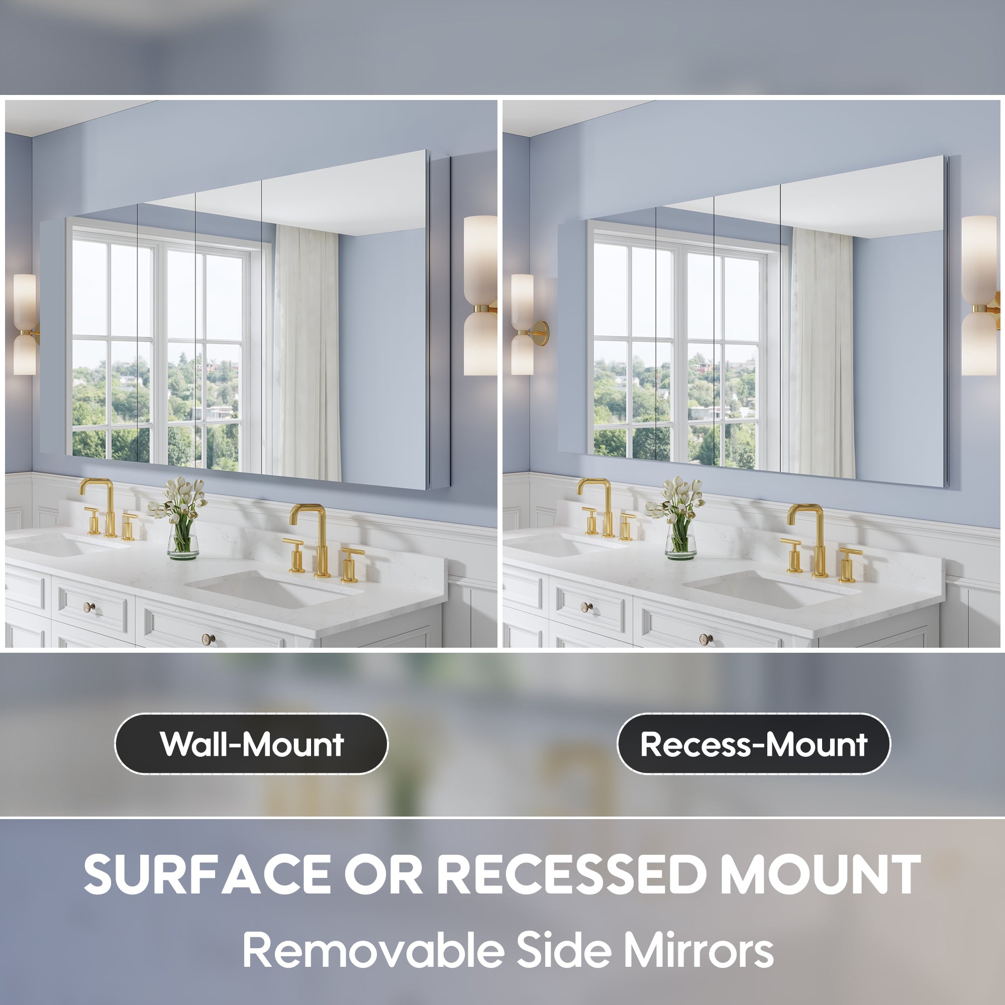 72 in. ×36 in. Copper-Free Tri-Views Mirror Medicine Cabinet with 12 Adjustable Shelves and 4 Swing Doors