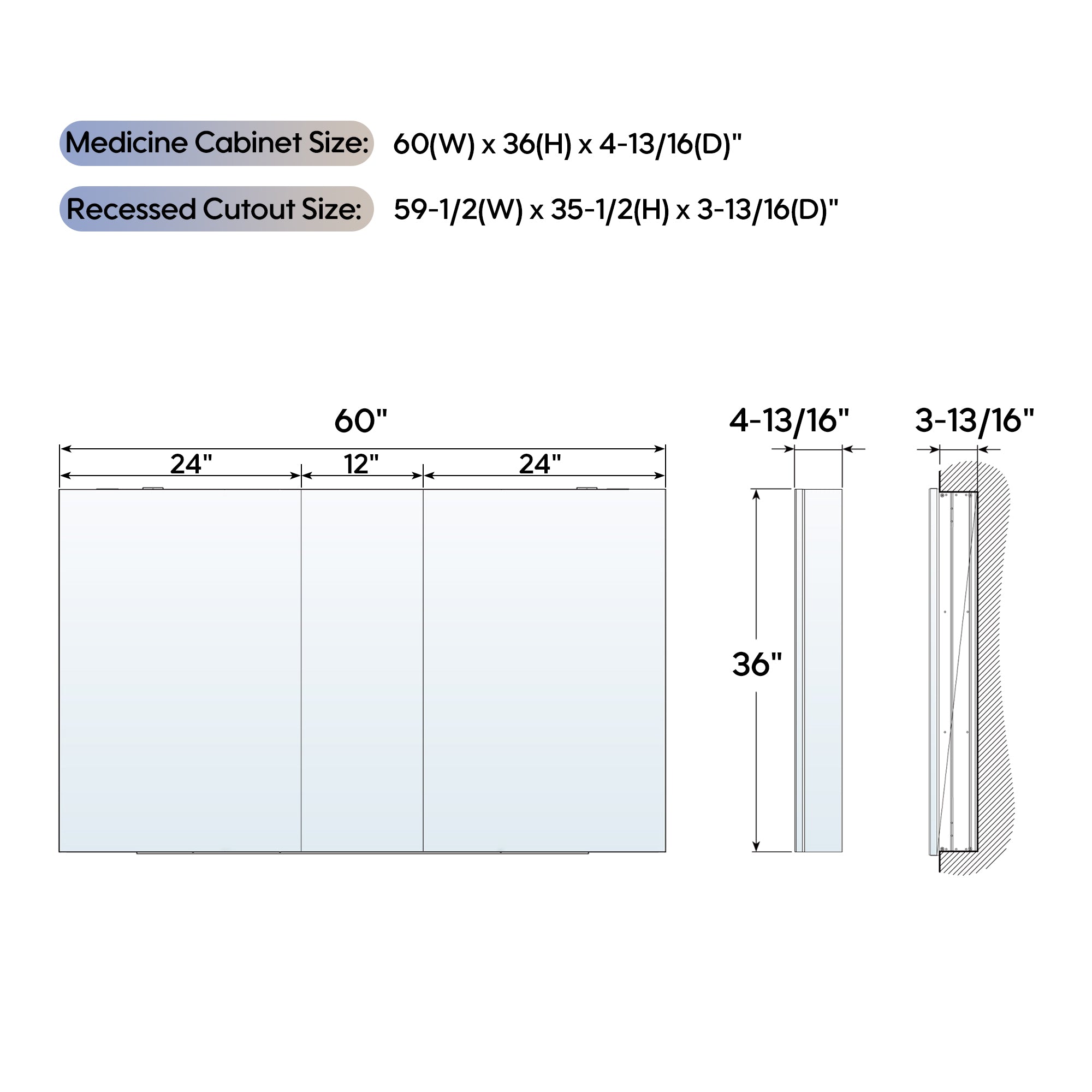 60 in. ×36 in. Copper-Free Tri-Views Mirror Medicine Cabinet with Adjustable Shelves and 3 Doors
