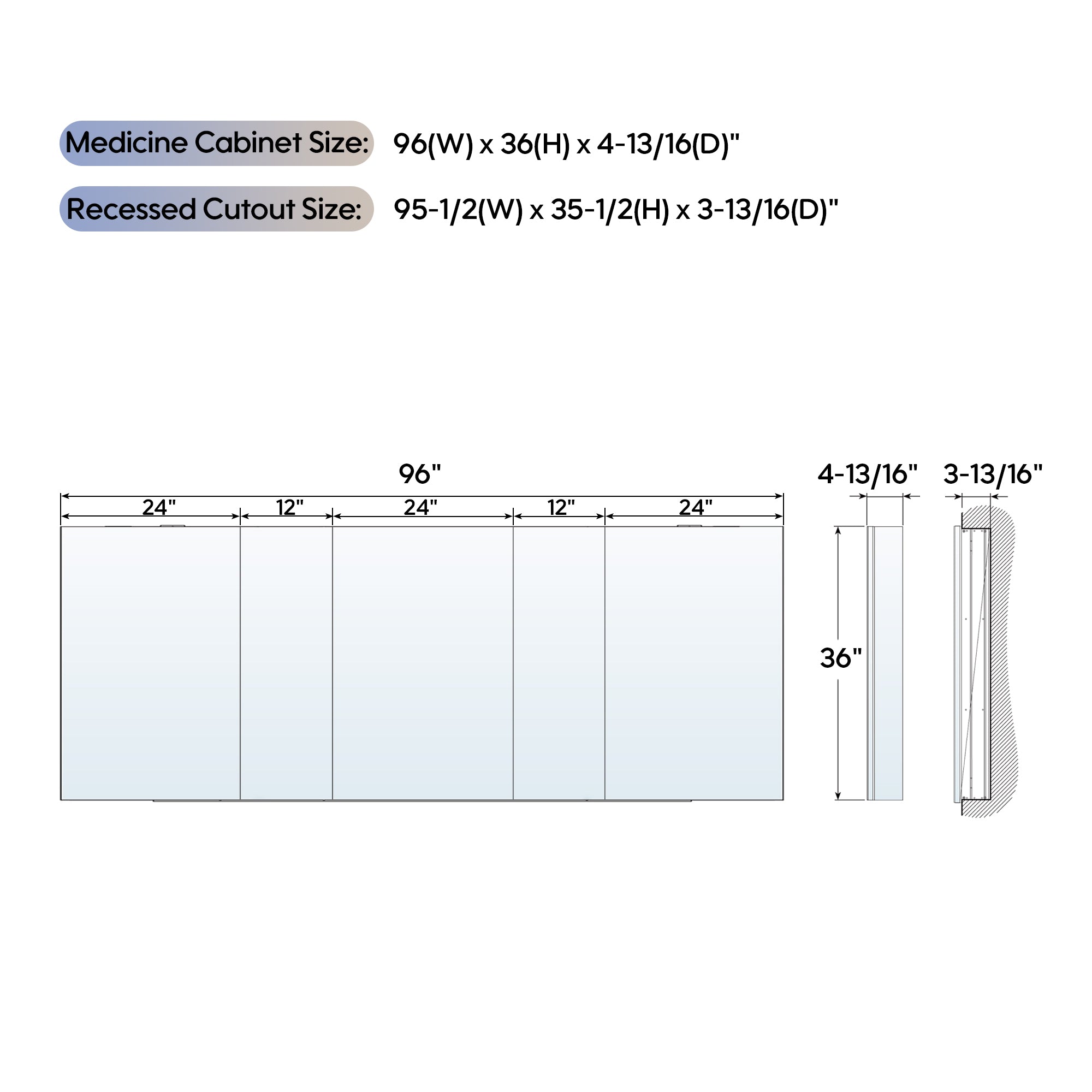 96 in. ×36 in. Copper-Free Tri-Views Mirror Medicine Cabinet with Adjustable Shelves and 5 Swing Doors