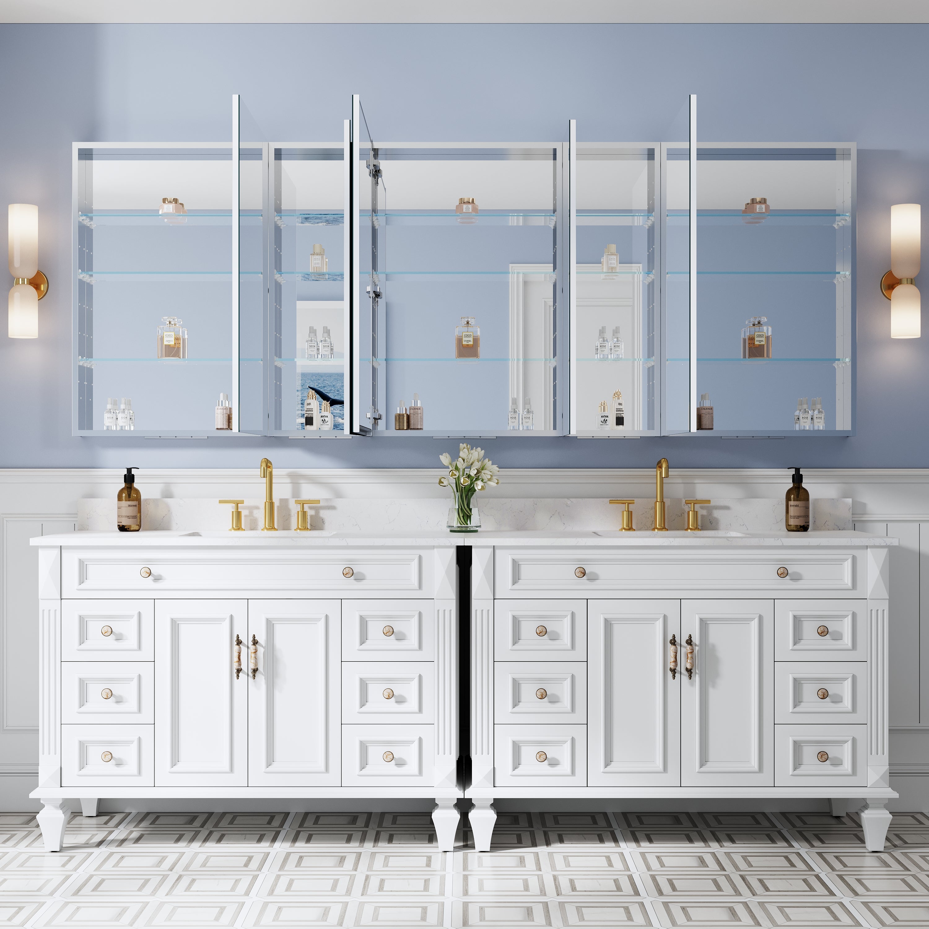 96 in. ×36 in. Copper-Free Tri-Views Mirror Medicine Cabinet with Adjustable Shelves and 5 Swing Doors