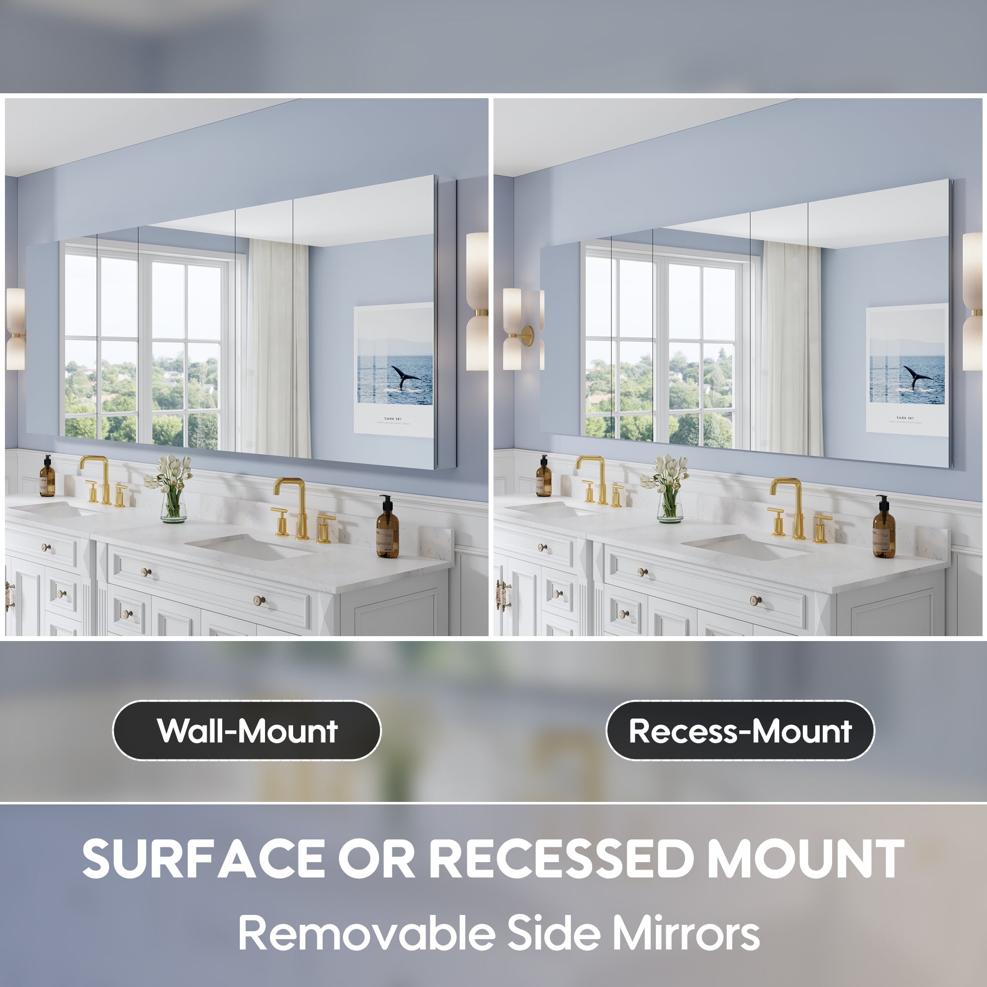 96 in. ×36 in. Copper-Free Tri-Views Mirror Medicine Cabinet with Adjustable Shelves and 5 Swing Doors