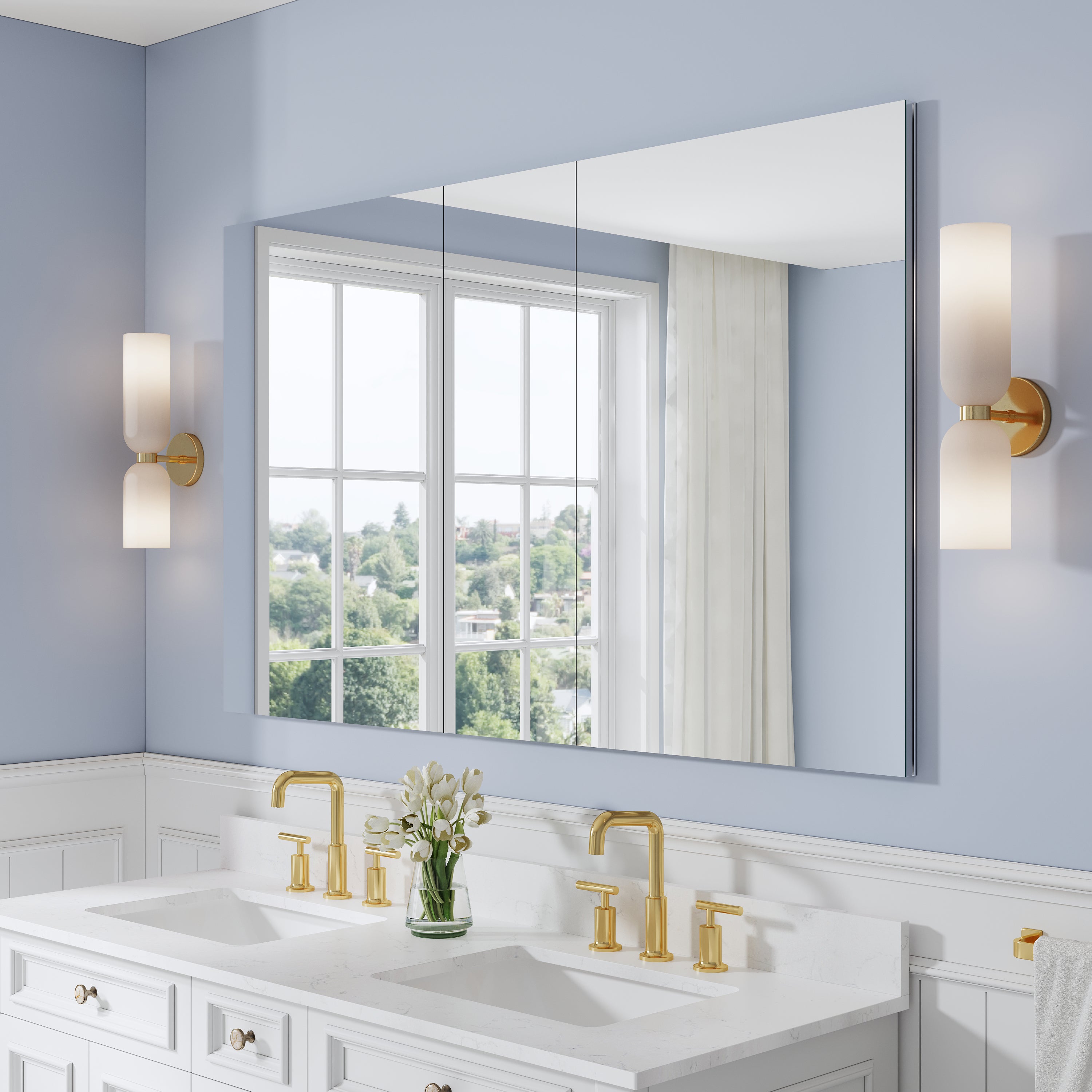 60 in. ×36 in. Copper-Free Tri-Views Mirror Medicine Cabinet with Adjustable Shelves and 3 Doors