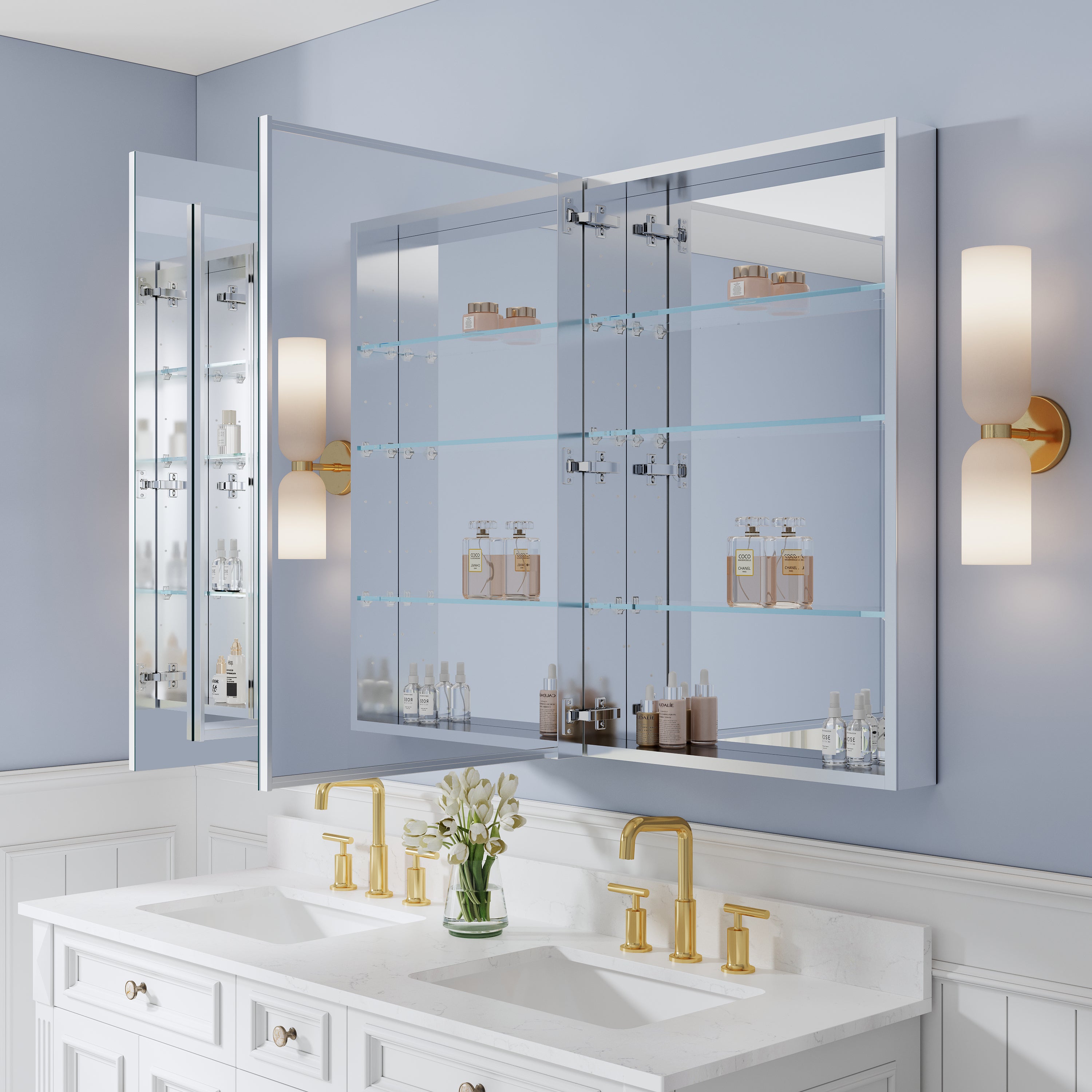 60 in. ×36 in. Copper-Free Tri-Views Mirror Medicine Cabinet with Adjustable Shelves and 3 Doors